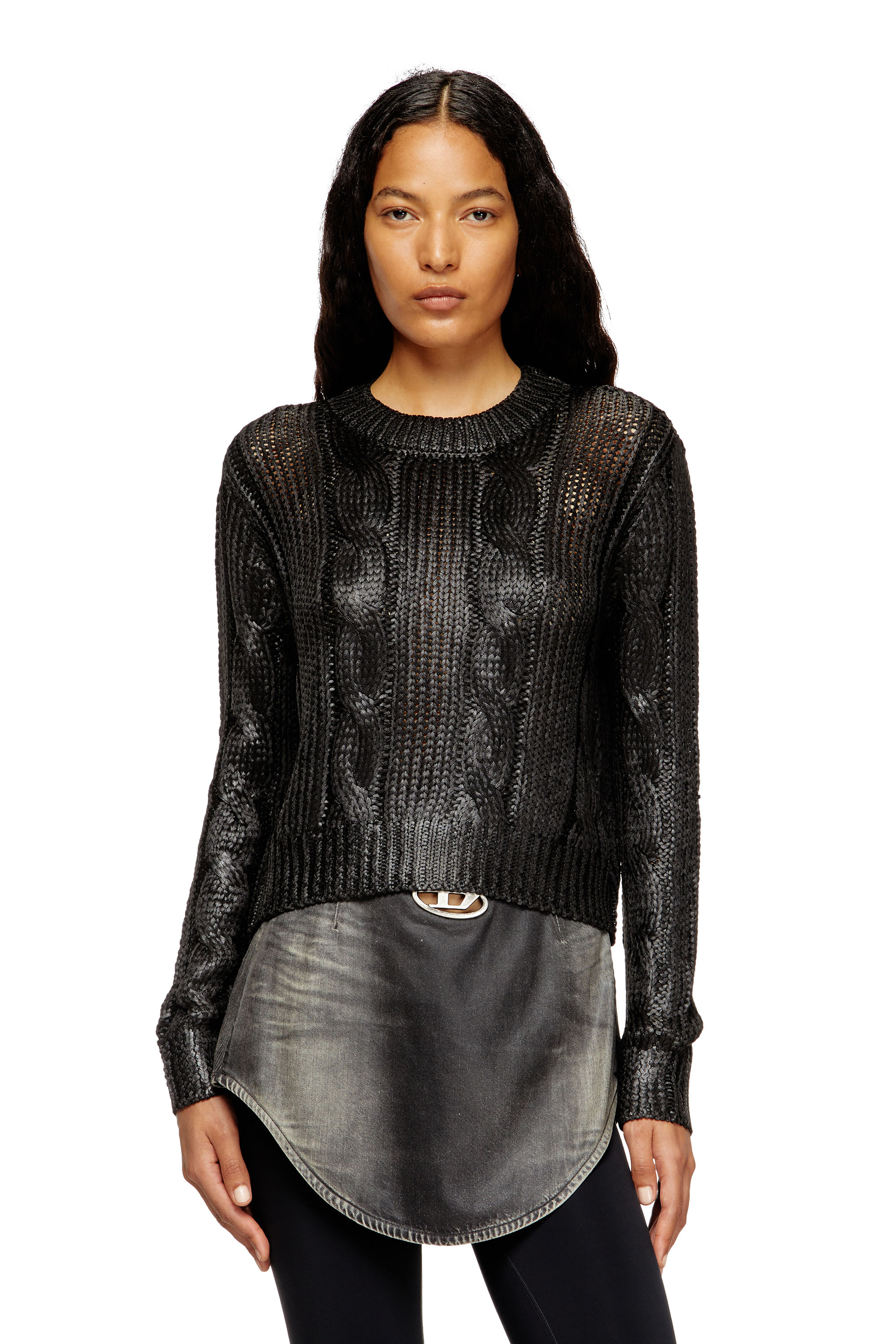 Diesel - M-MICCHA, Pull torsadé avec effet brillant Femme in Noir - 1