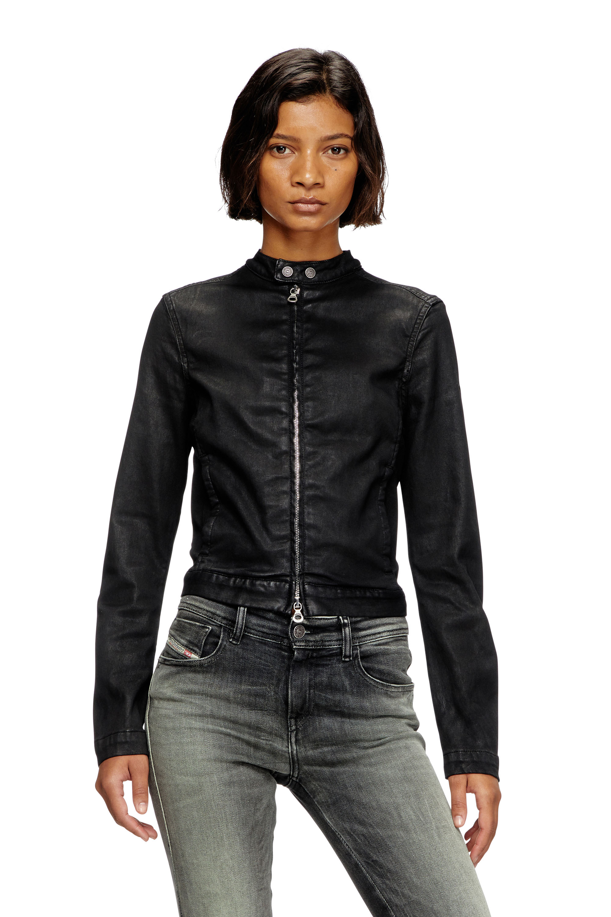 Diesel - DE-MORNIN JOGG, Damen Motorradjacke aus beschichtetem Denim in Schwarz - 1