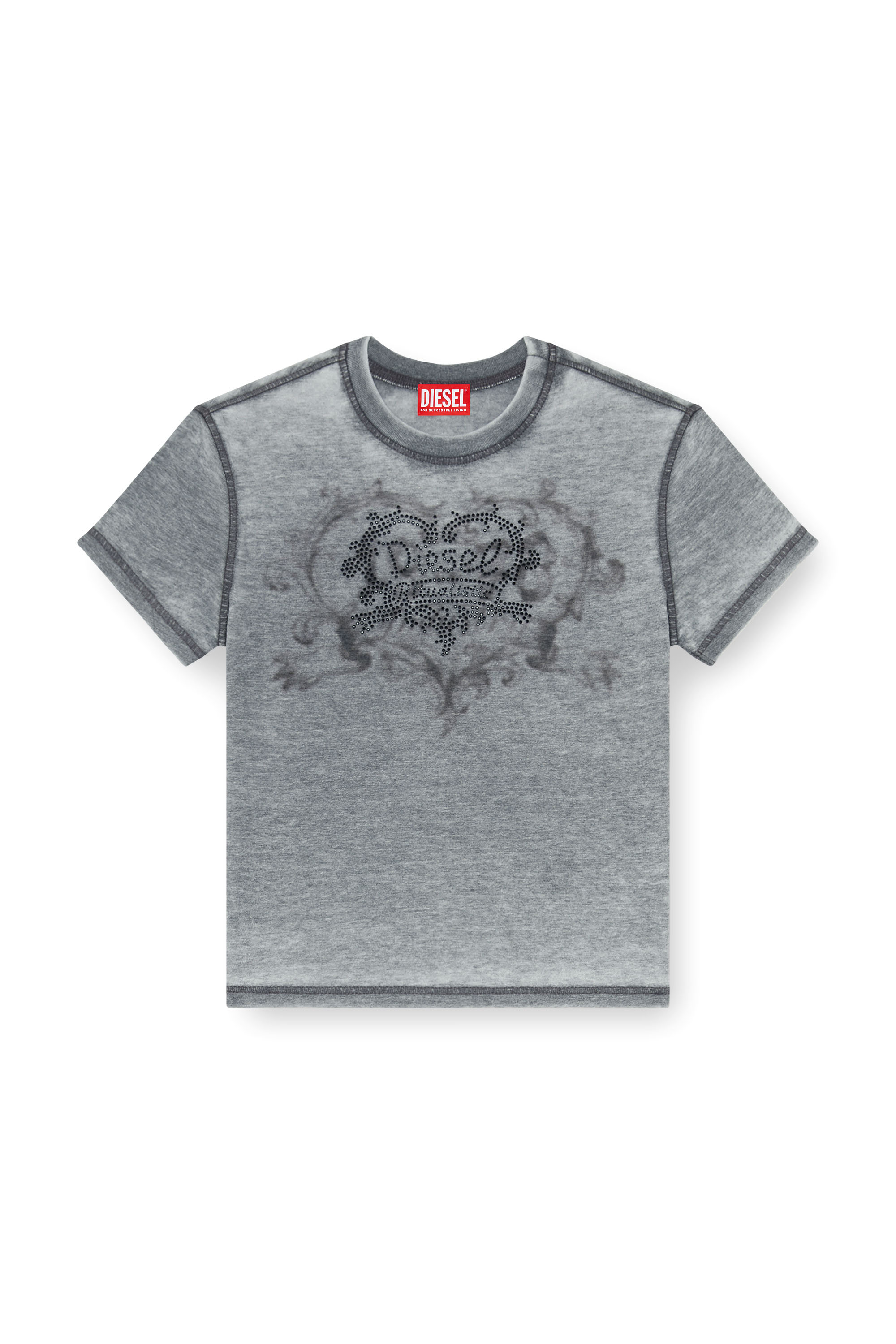 Diesel - T-ILA-AA1, T-shirt en jersey avec strass et burnout effect Femme in Gris - 3