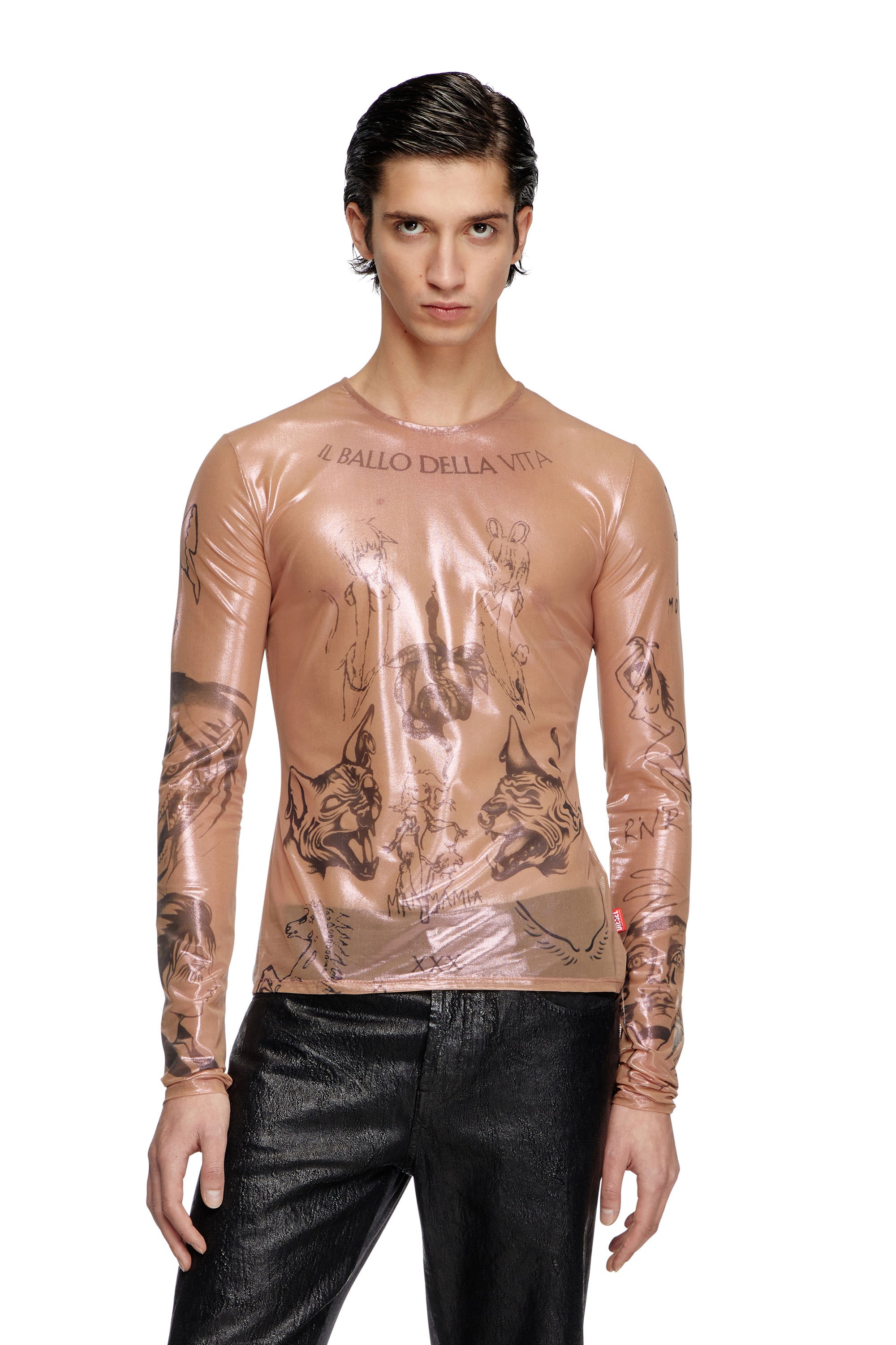 Diesel - T-CLAUDE-DD, Top in tulle stretch effetto tattoo Unisex in Rosa - 2