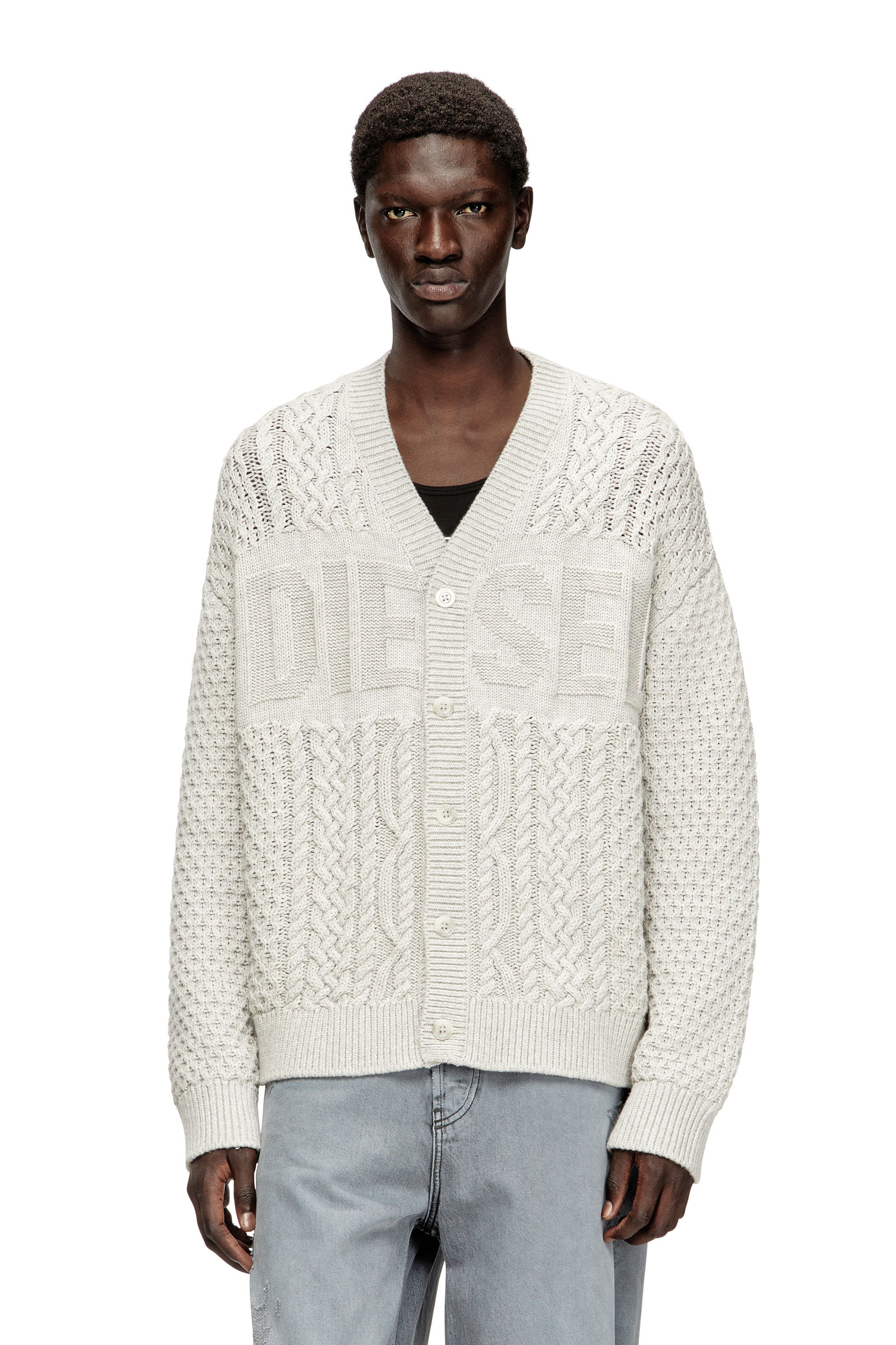 Diesel - K-ANTOINE, Cable-knit cardigan with Diesel logo Homme in Gris - 1