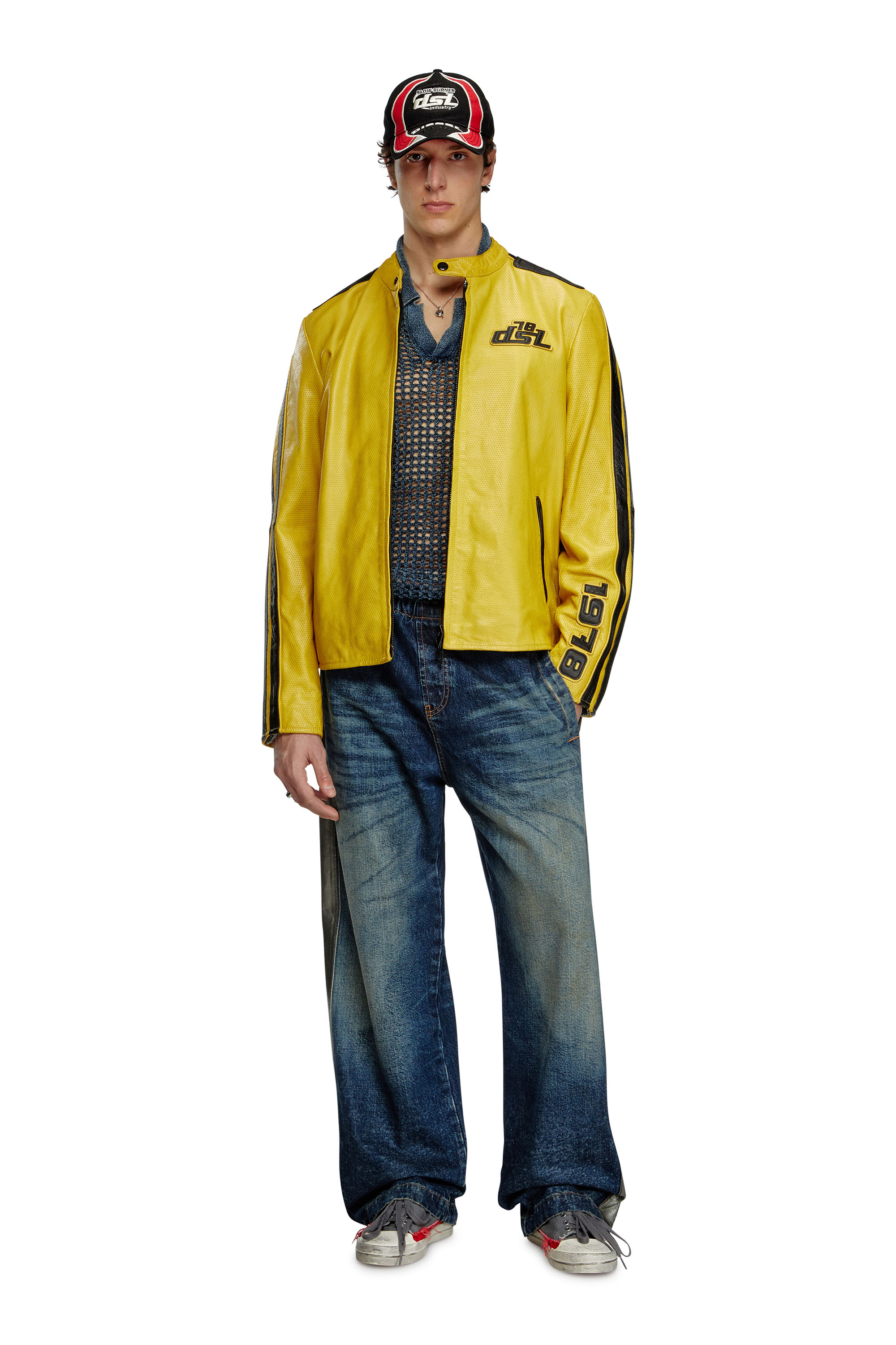 Diesel - L-POP, Giacca biker in pelle traforata Unisex in Giallo - 3