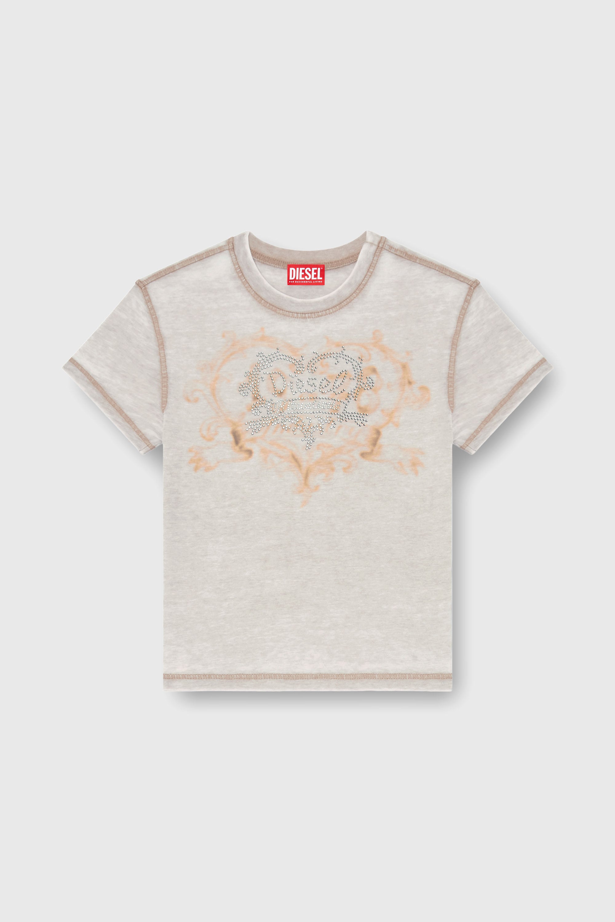 Diesel - T-ILA-AA1, T-shirt in jersey con strass ed effetto burnout Donna in Grigio - 2