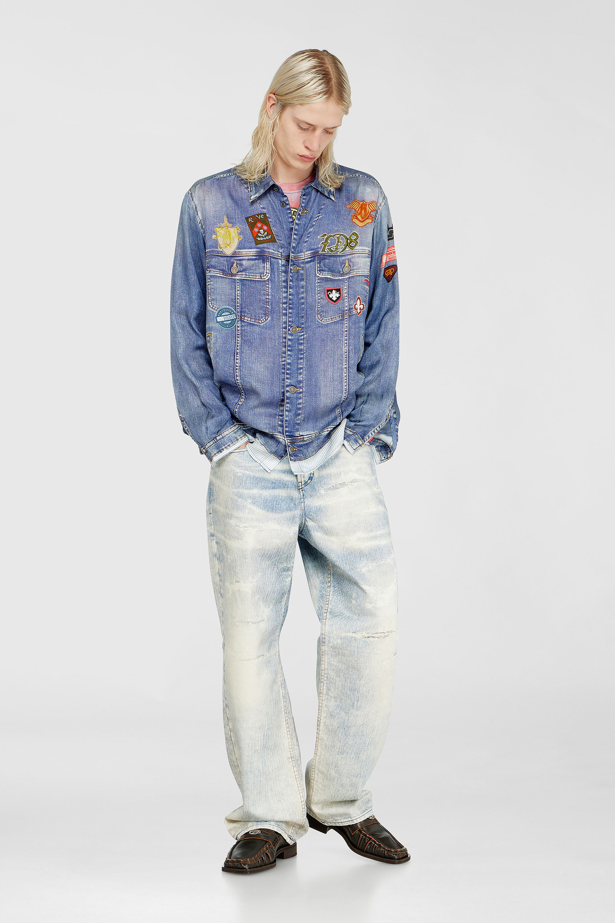 Diesel - S-SIMPLY-PATCH, Camicia in raso con stampa trompe-l'oeil denim Uomo in Blu - 5