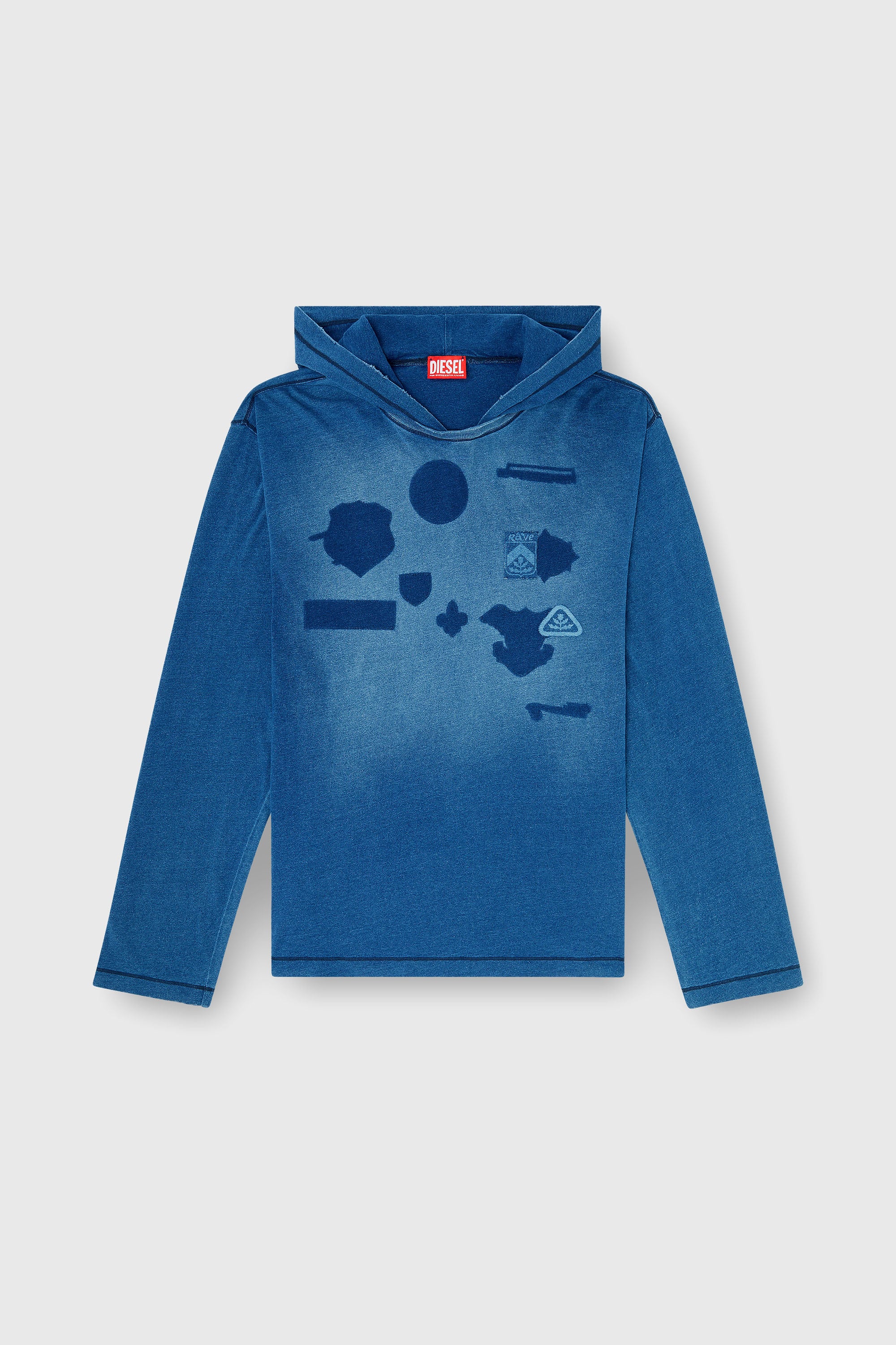 Diesel - T-NOX-LS-HOOD, Herren Langarmshirt mit Kapuze und Schatteneffekt-Patches in Mittelblau - 2