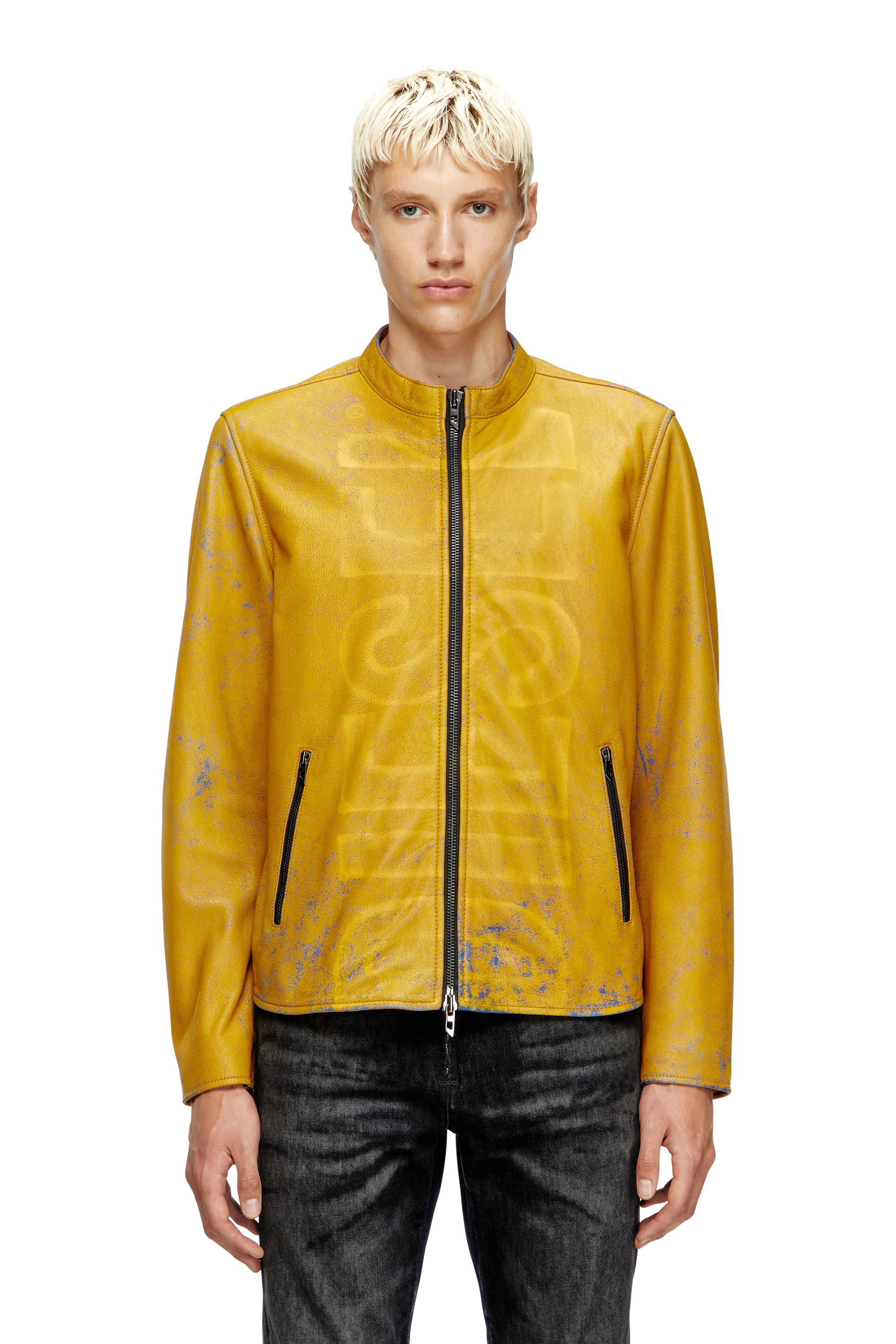 Diesel - L-EVERT-A, Herren Behandelte Bikerjacke aus Leder mit verblasstem Logo in Gelb - 1