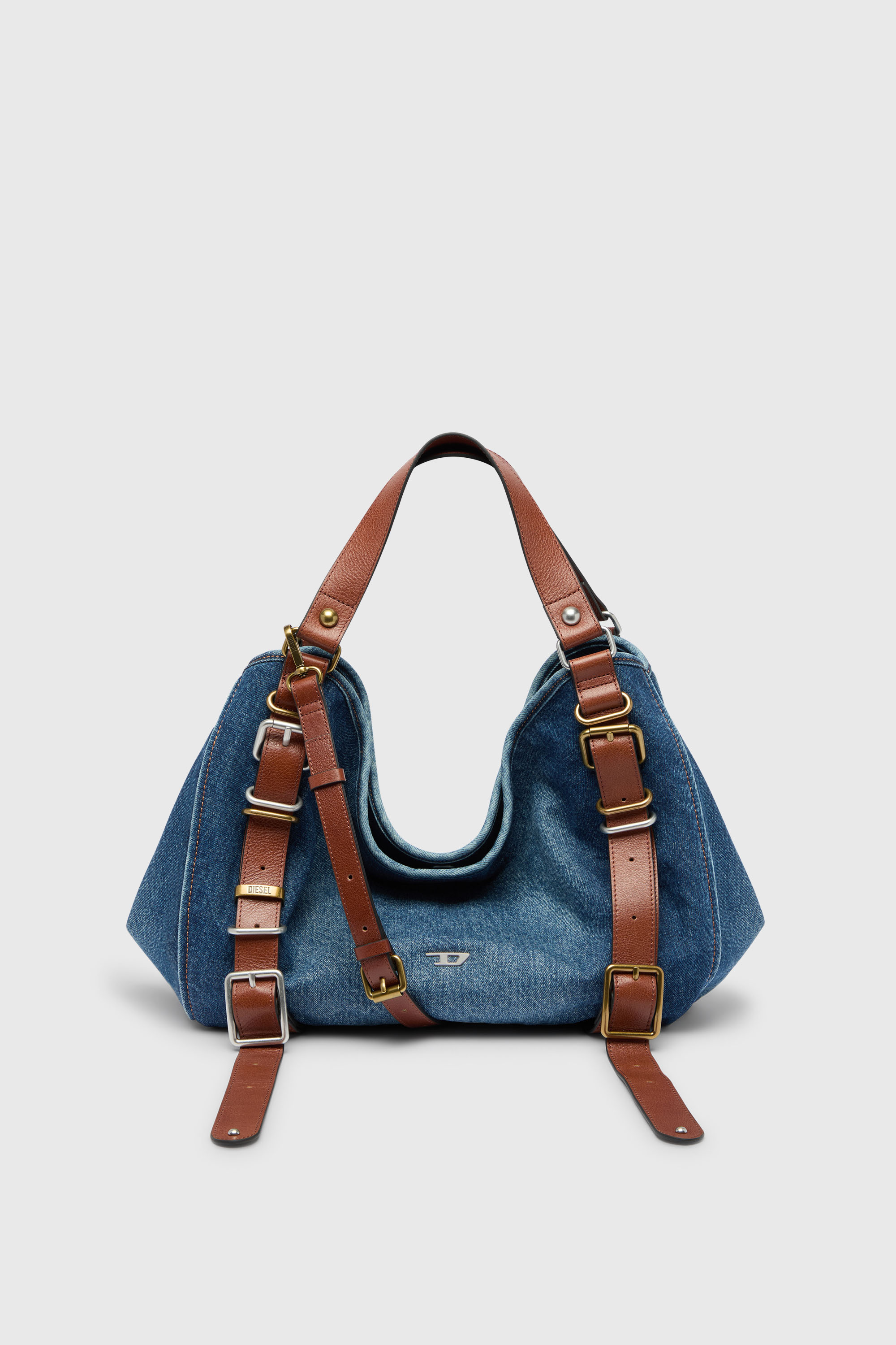 D-One-Borsa media a mano in denim e pelle