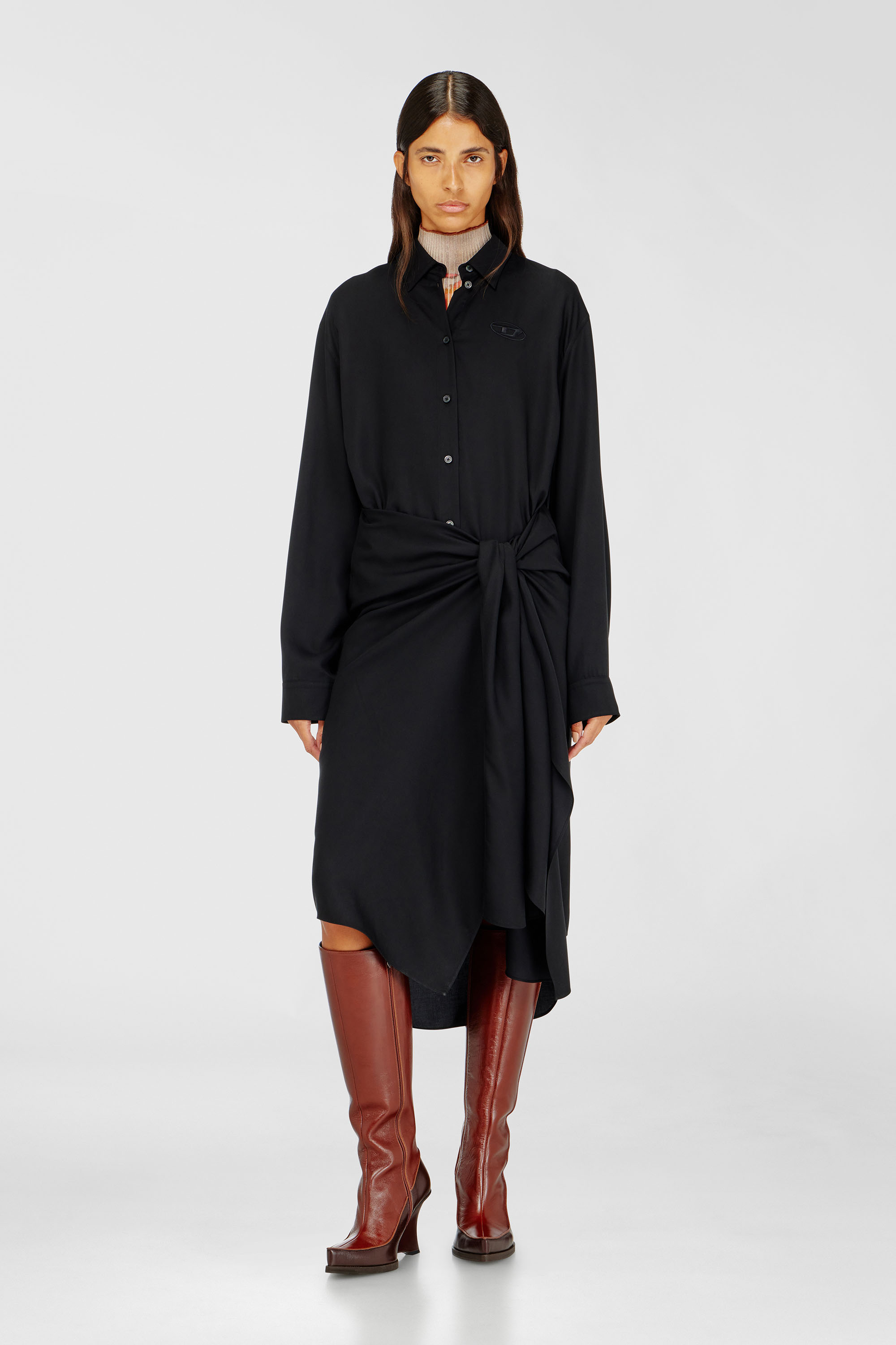 Diesel - D-ILETTA-S1, Abito a camicia midi con dettagli intrecciato Donna in Nero - 1