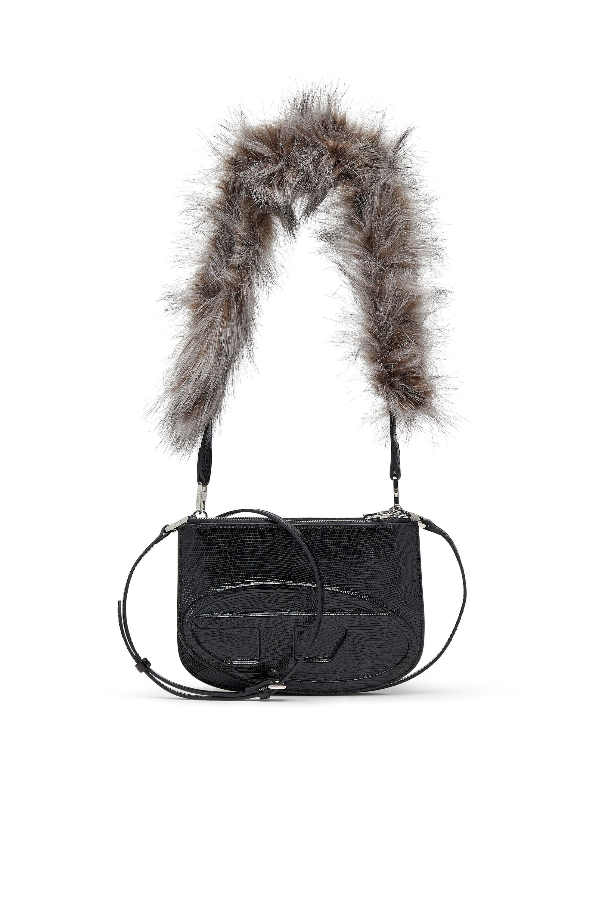 Diesel - 1DR TWIN, Damen Schultertasche mit Doppelbeutel aus geprägtem Leder in Schwarz - 1