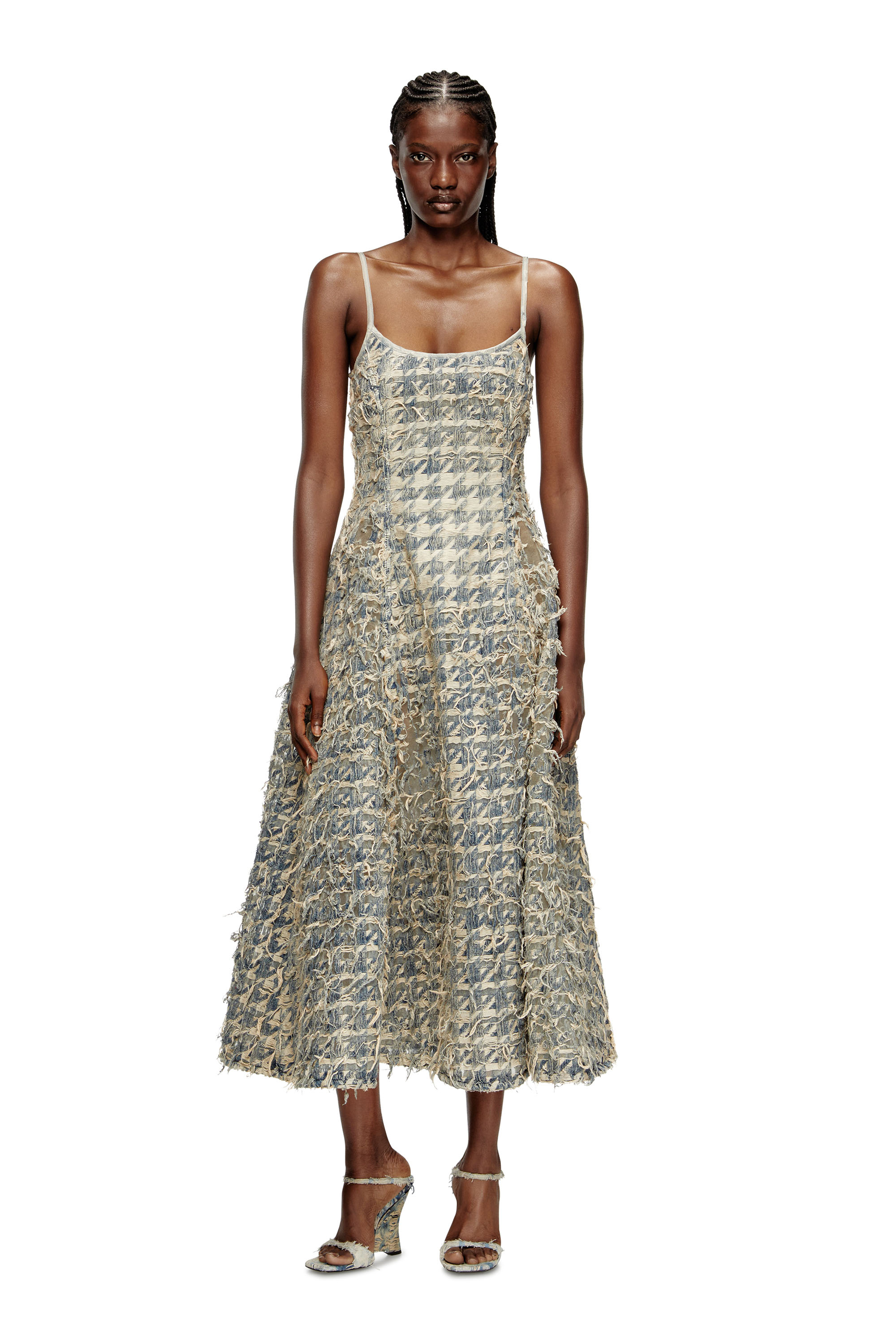 Diesel - DE-SWEENEY-LONG-FSH, Damen Langer Rock aus Dévoré-Hahnentritt-Denim in Hellblau - 1