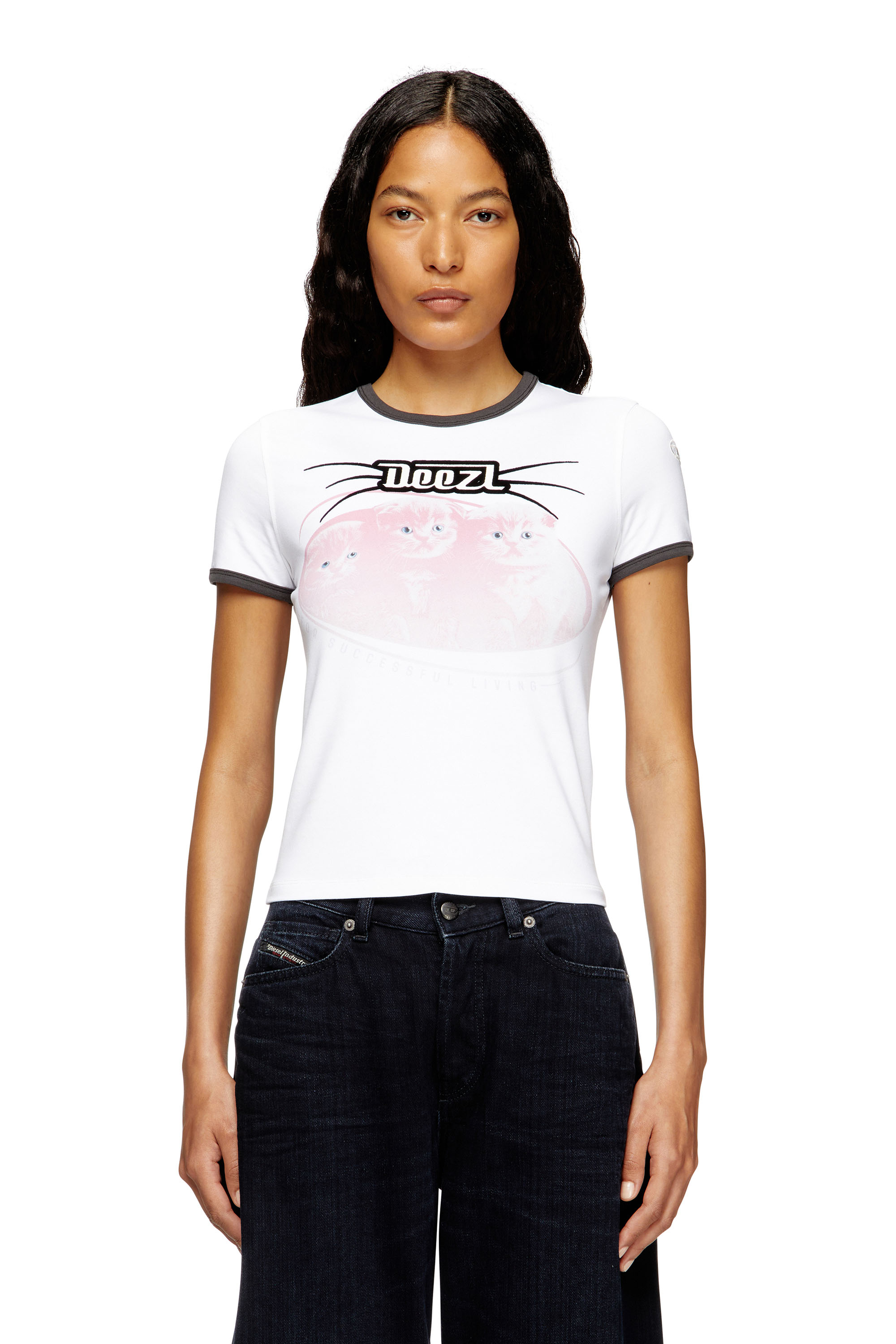 Diesel - T-UNCUTIES-LONG-R13, T-shirt en coton avec impression en flock Femme in Blanc - 1