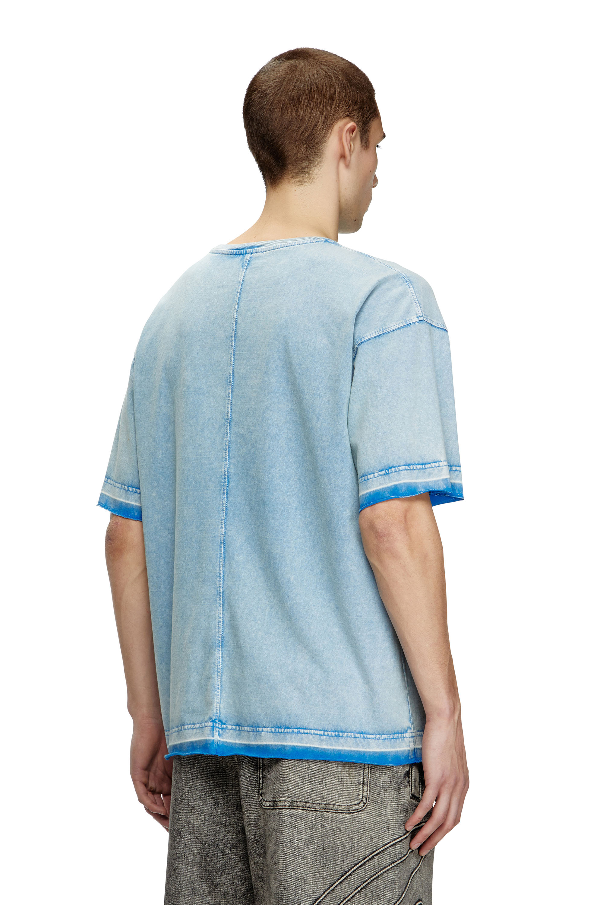 Diesel - T-HOXT, Man's Denim-look T-shirt with released hems in Light Blue - 4