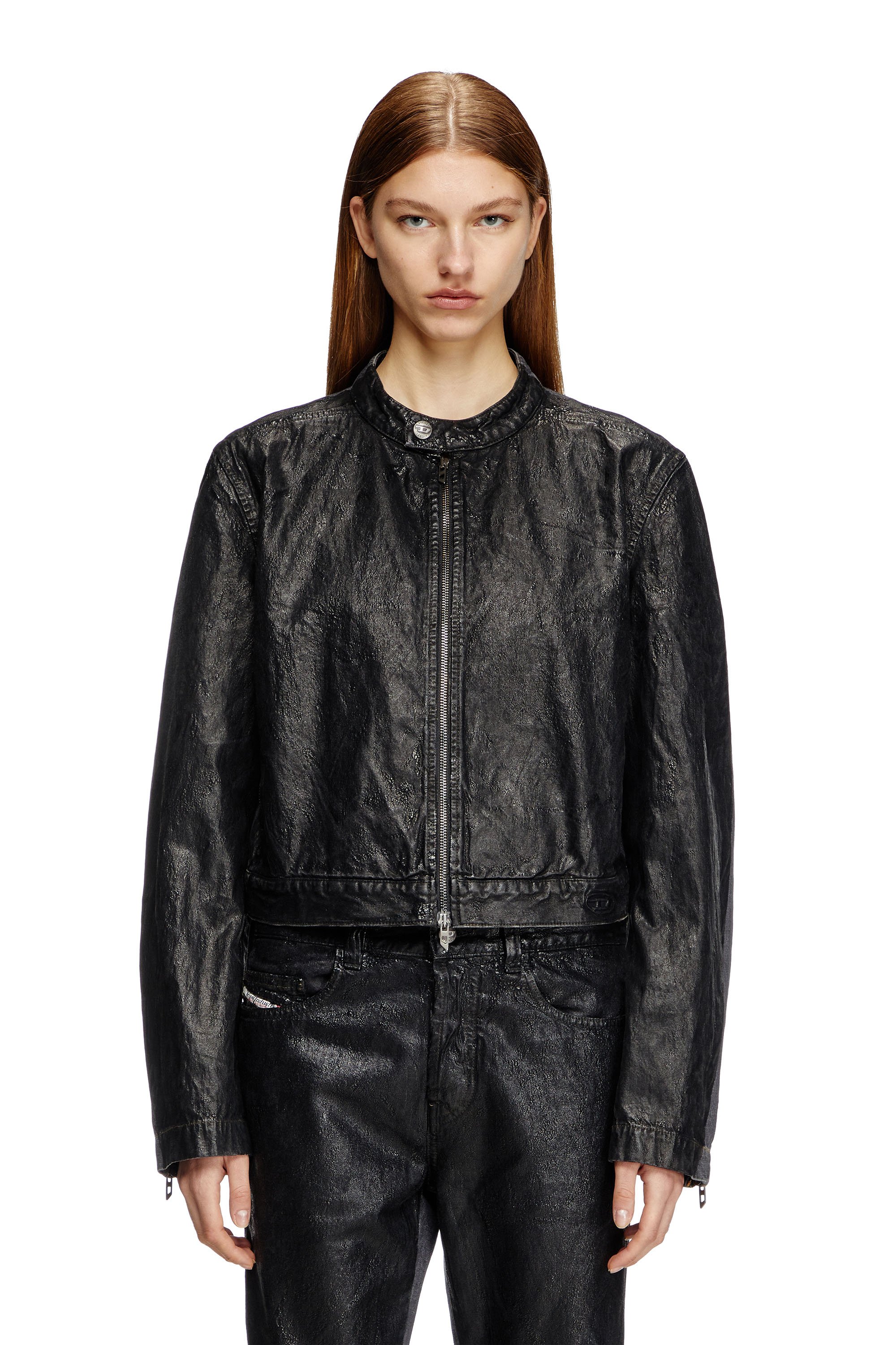 Diesel - D-GLORY-DD, Veste biker en denim avec devant enduit Mixte in Noir - 6