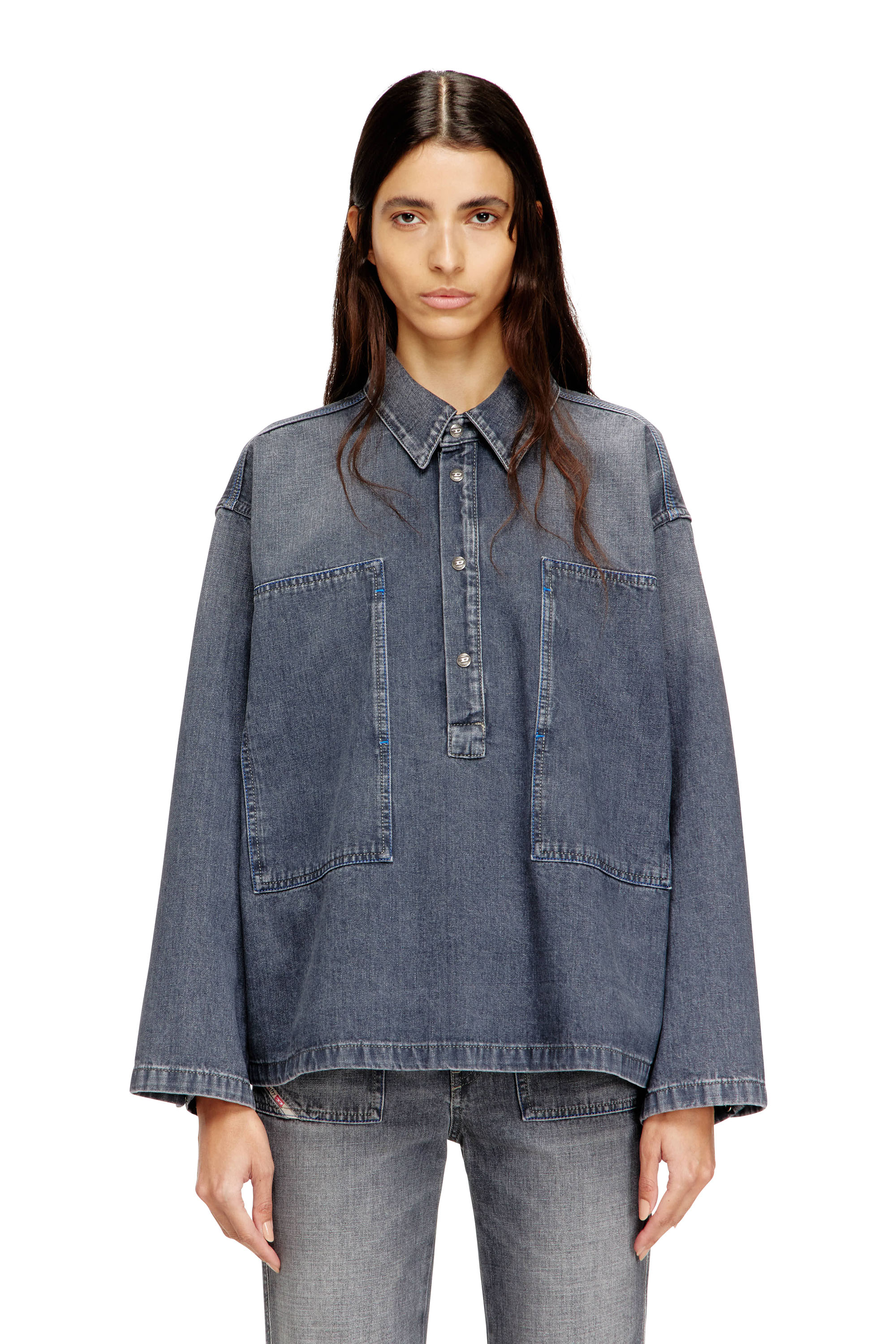 Diesel - DE-PRISS, Haut Henley en denim effet sali Femme in Gris - 1