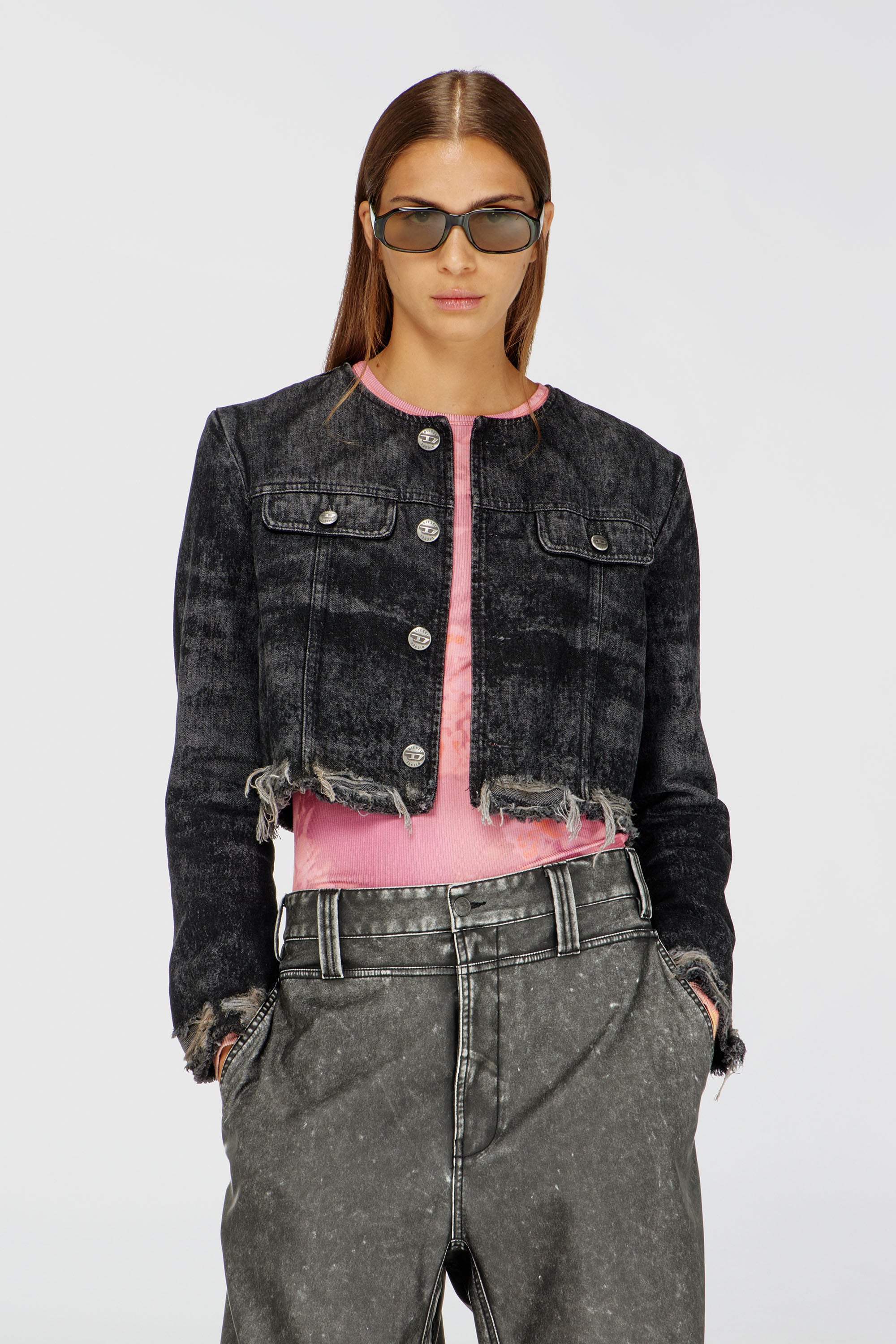 Diesel - DE-GRAFFY-FSH, Veste en denim de coton et chanvre grav&eacute; au laser Femme in Noir - 1