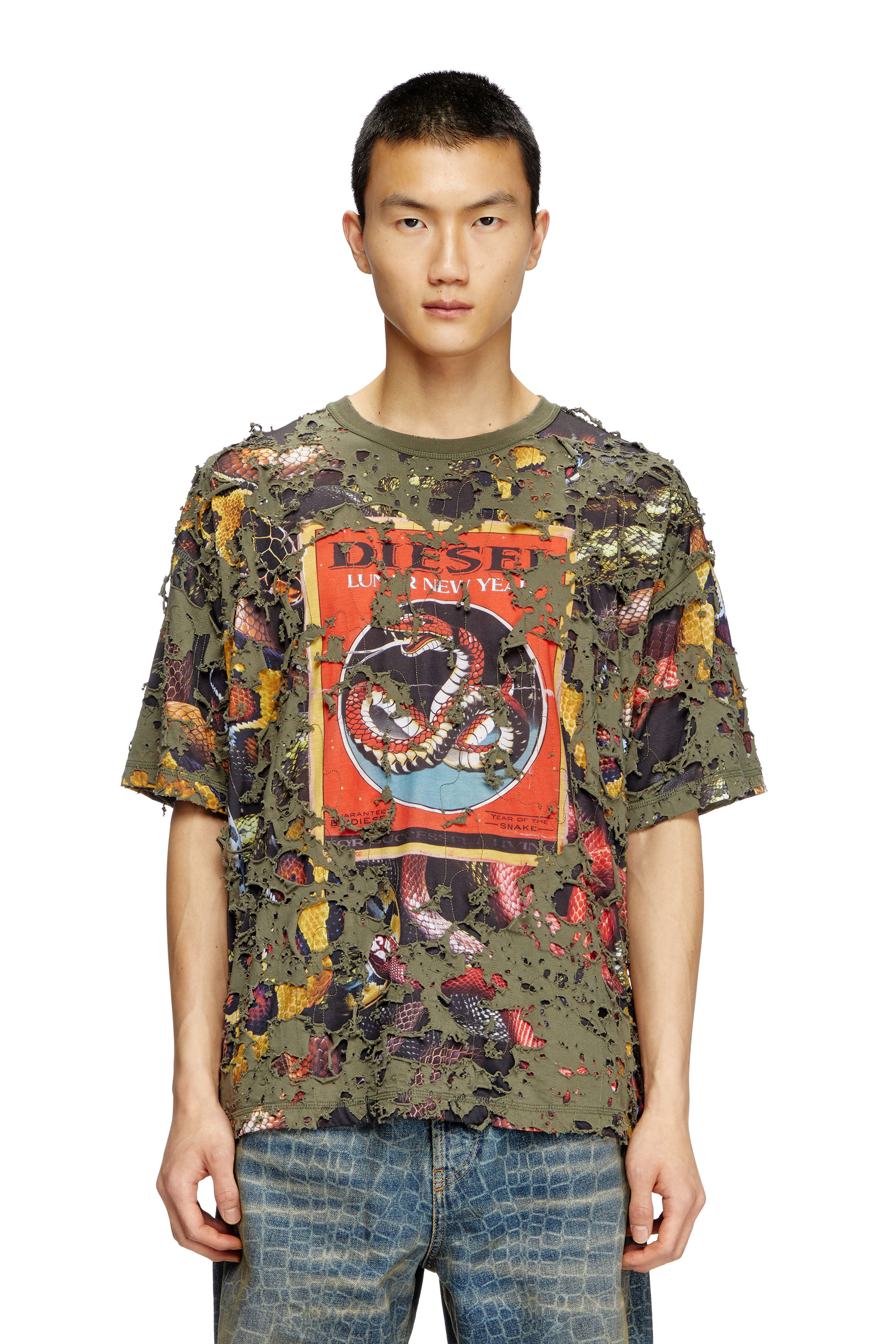 Diesel - CL-T-BOXT-DEVOR-SNAKE, T-shirt à imprimé serpent avec superposition effet destroy Mixte in Vert - 1