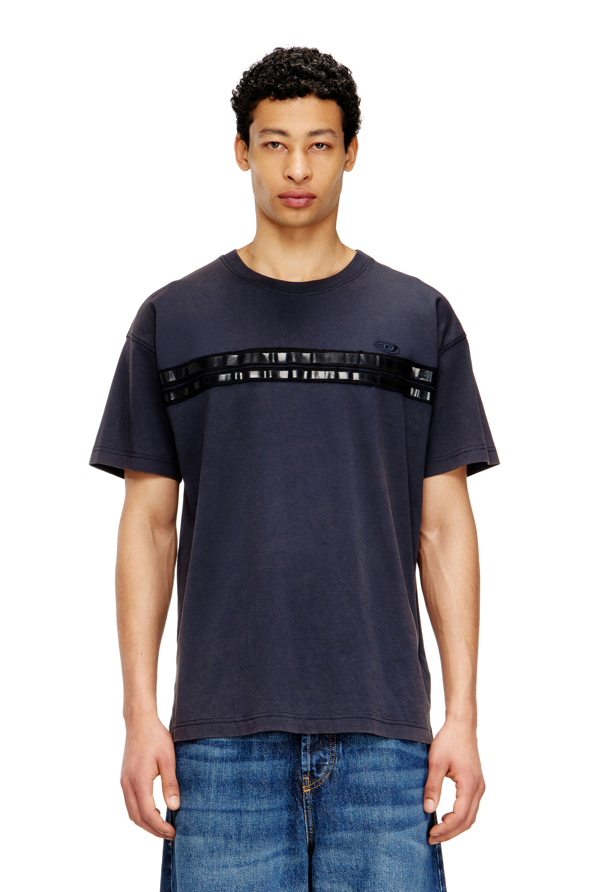 Diesel - T-REDDY, Man's Regular cotton T-shirt with framis bands in Dark Blue - 1