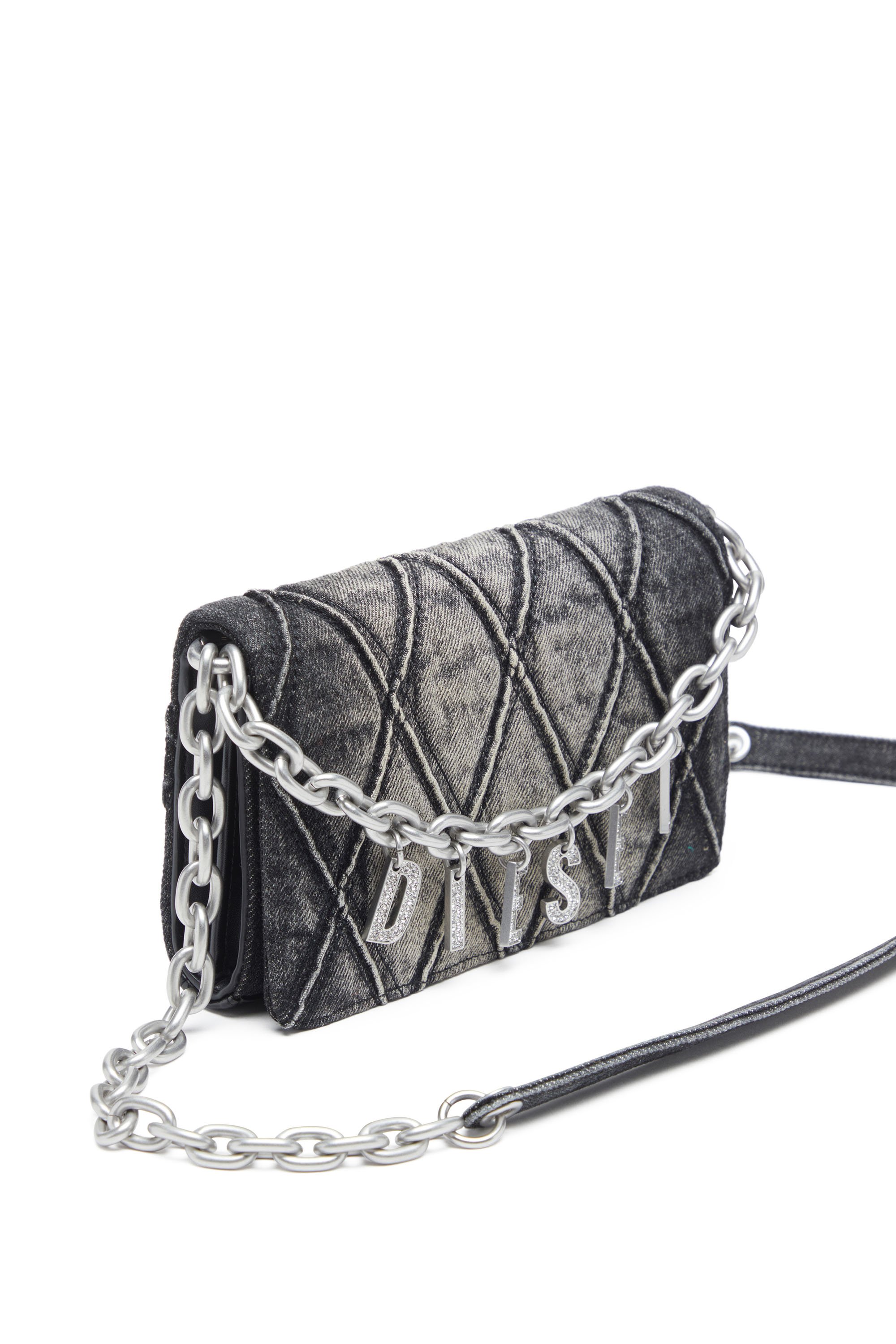 Diesel - CHARM-D WALLET STRAP, Portafoglio con tracolla in denim a rombi Donna in Nero - 5