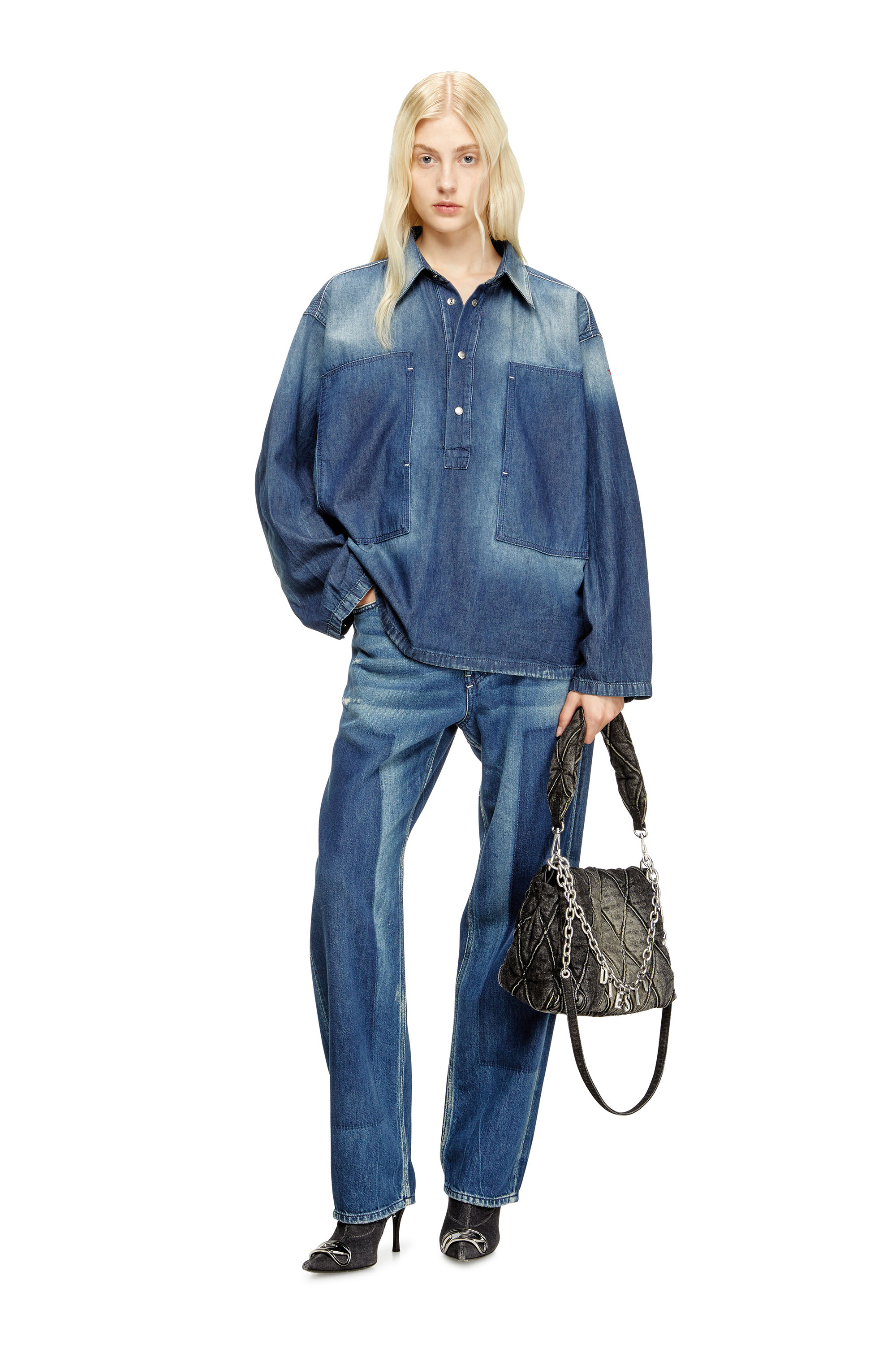 Diesel - DE-PRISS, Top Henley in denim a contrasto Donna in Blu - 2