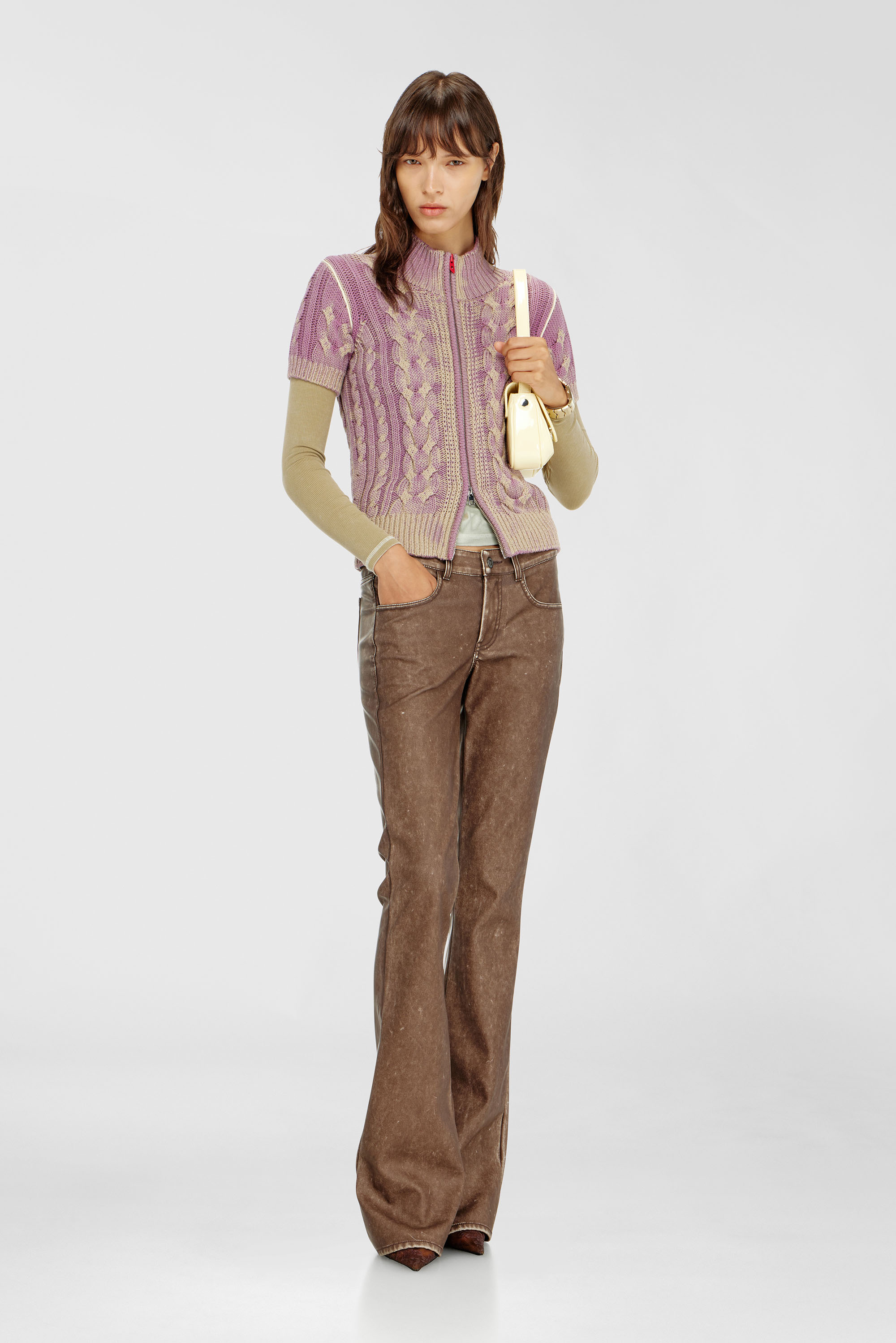 Diesel - M-ELANA, Damen Kurzarm-zip-cardigan im Zopfmuster in Beige/Violett - 1