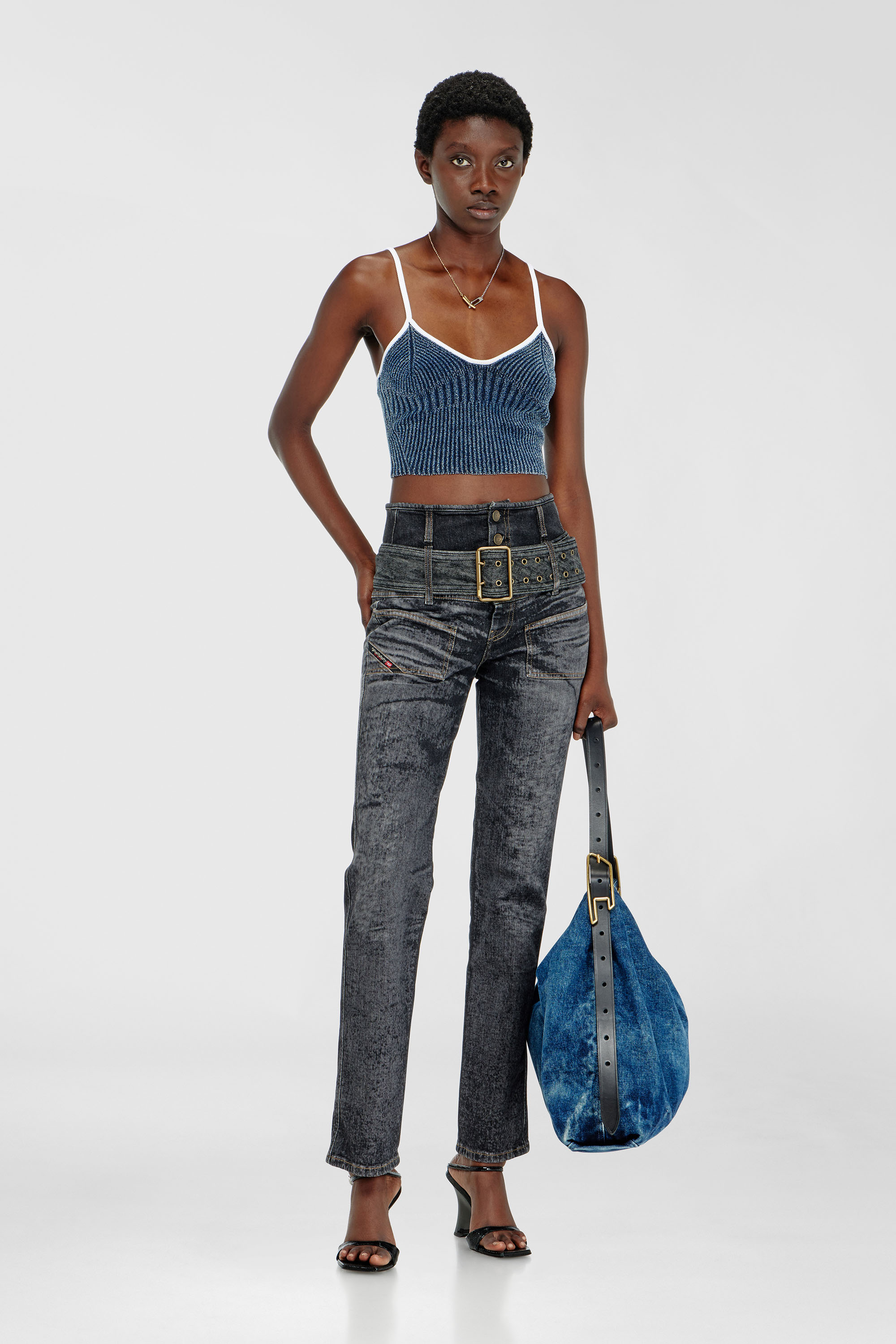 Diesel - M-ESTERE, Crop top in maglia boucl&eacute; indigo a costine Donna in Multicolor - 1