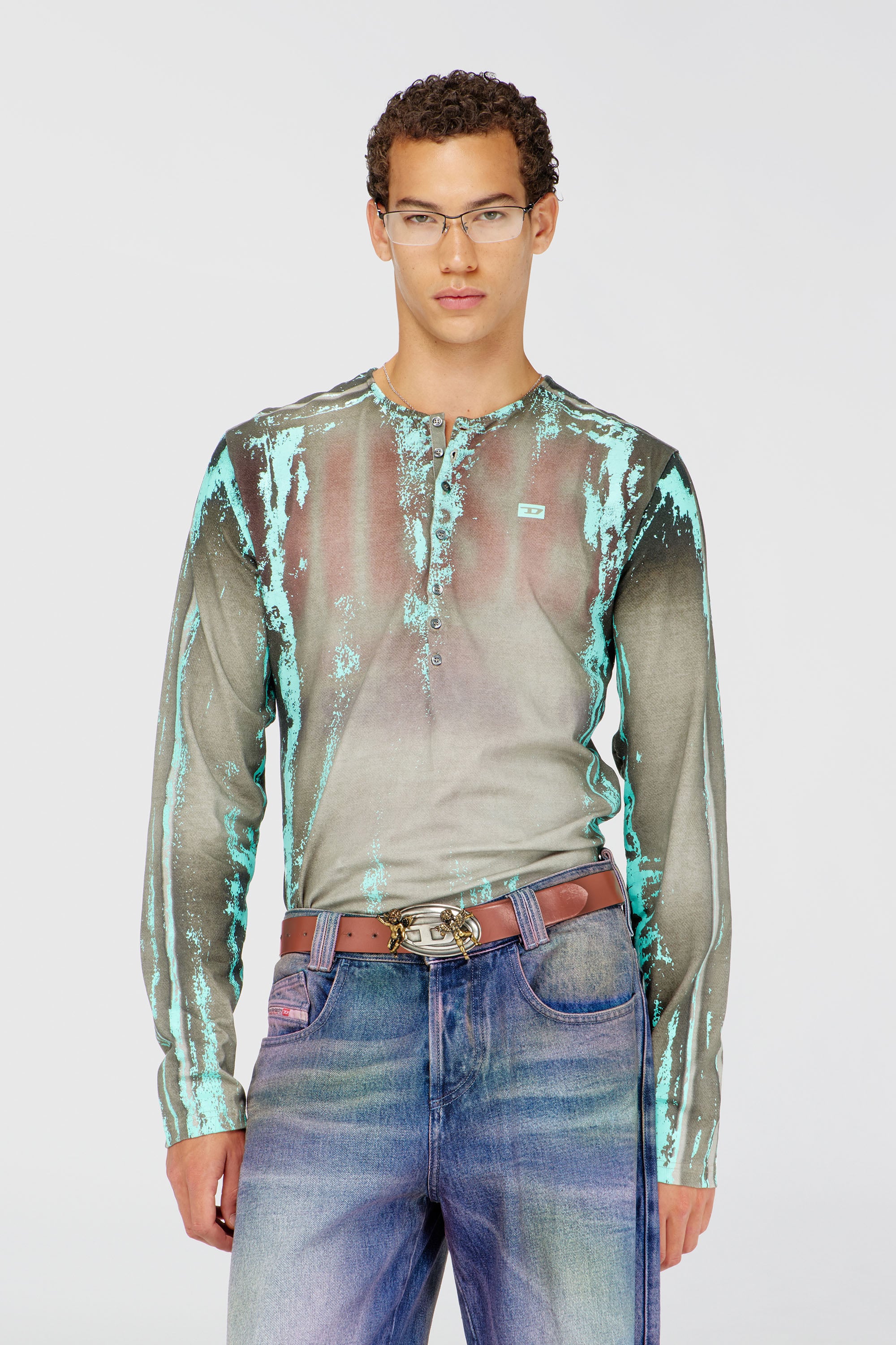 Diesel - T-FYNO-ML, Herren Grandad T-Shirt aus Jersey mit Leder-Crack-Effekt in Grau/Blau - 1
