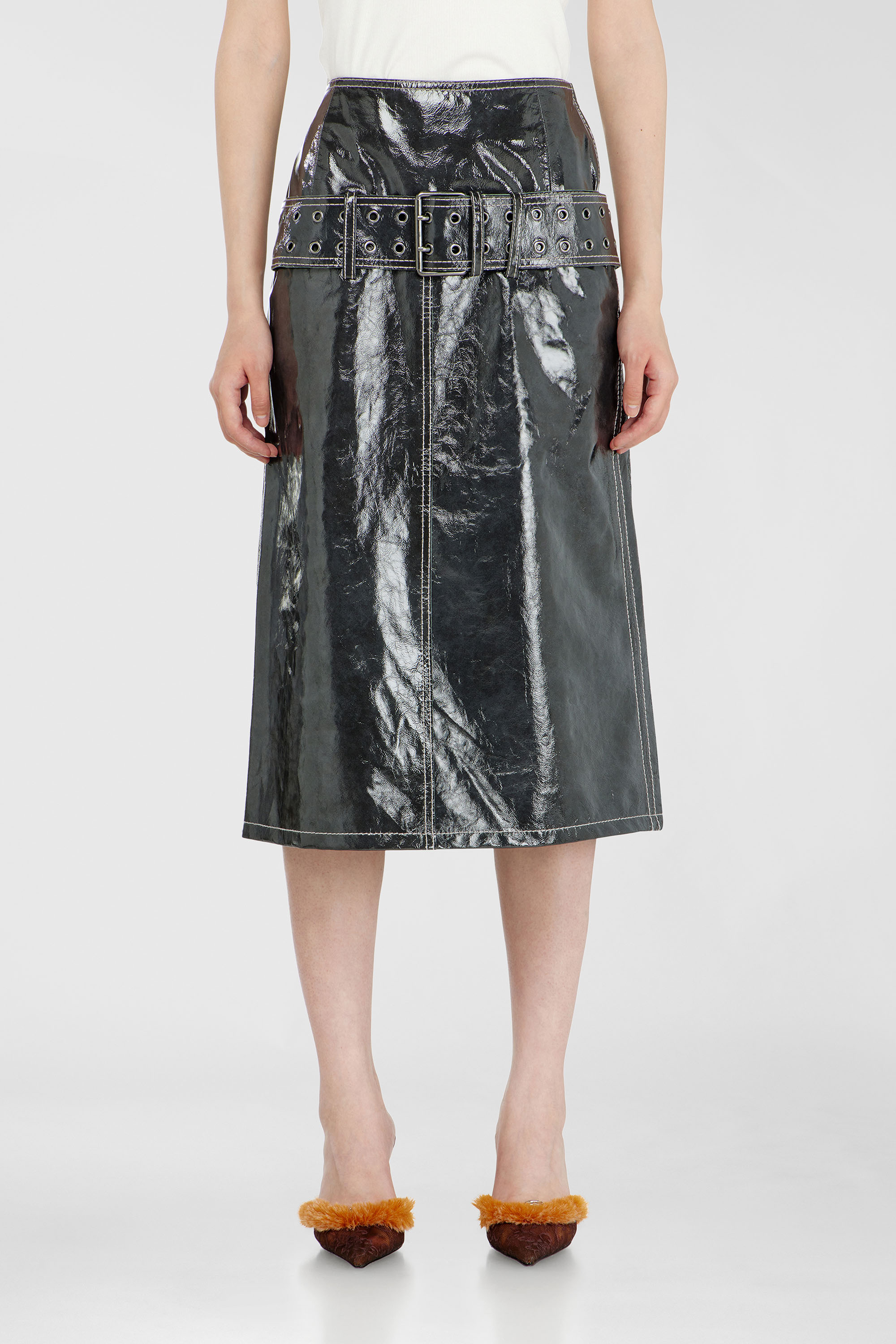 Diesel - L-ASCAR, Gonna midi in vernice con cintura Donna in Grigio - 1