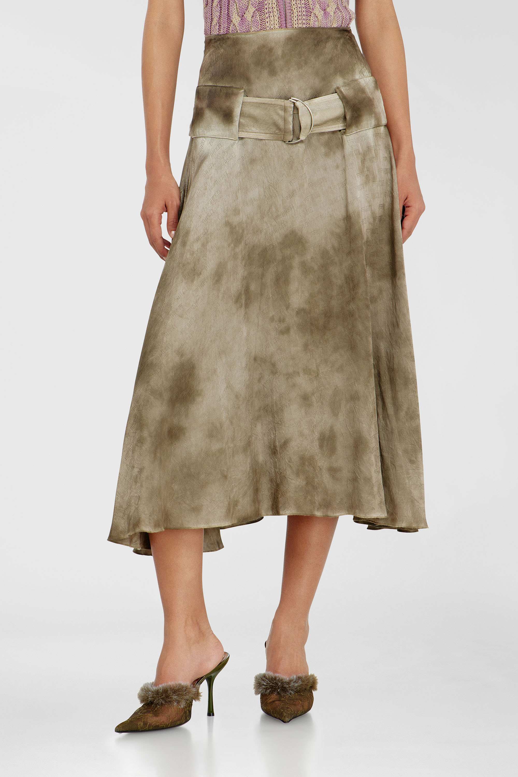 Diesel - O-DYLE, Damen Belted Midirock aus Logo-Jacquard-Satin in Hellbraun - 1