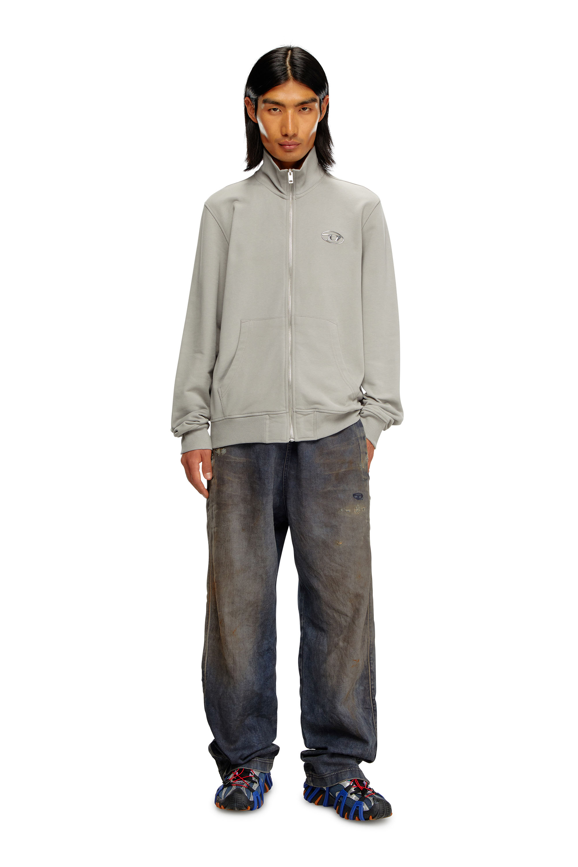 Diesel - S-GINNI-ZIP-OD, Felpa con zip e logo metallizzato Uomo in Grigio - 1