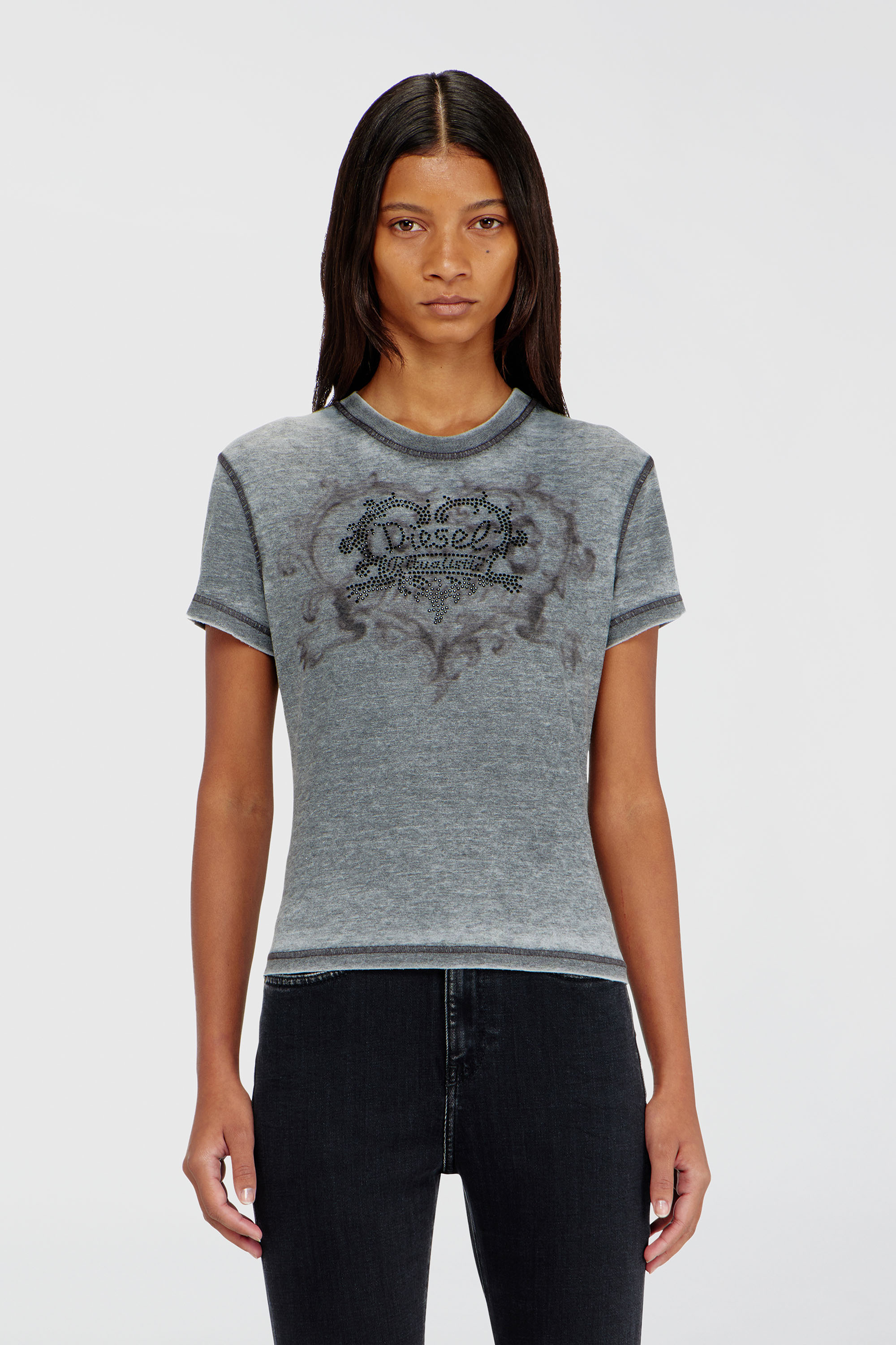 Diesel - T-ILA-AA1, T-shirt en jersey avec strass et burnout effect Femme in Gris - 1