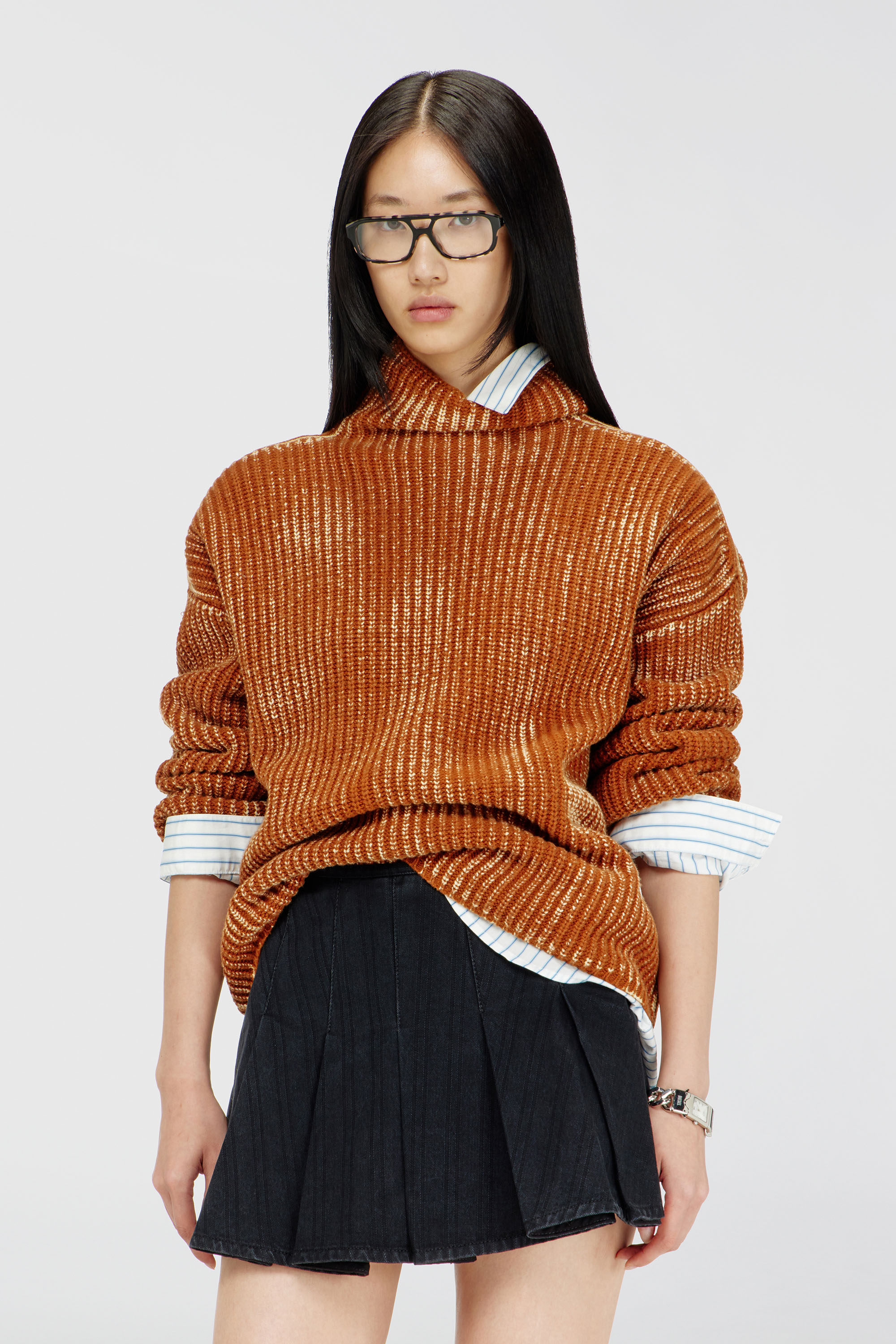 Diesel - M-AMET, Damen Pullover mit Funnelkragen aus gerippter Wollmischung in Braun - 3