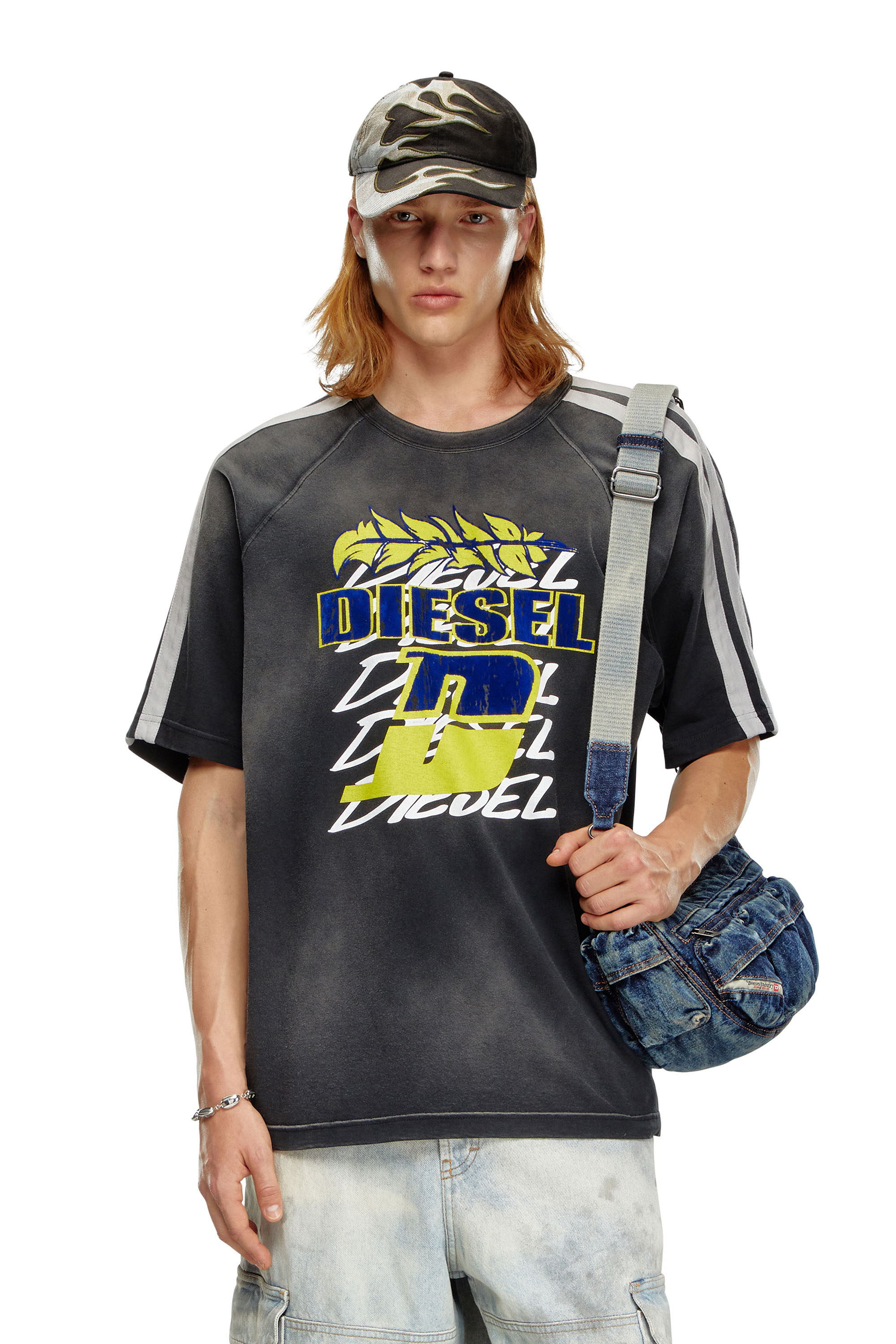 Diesel - T-ROXT-STRIPE, Uomo T-shirt sfumata con logo flock in Nero - Image 1