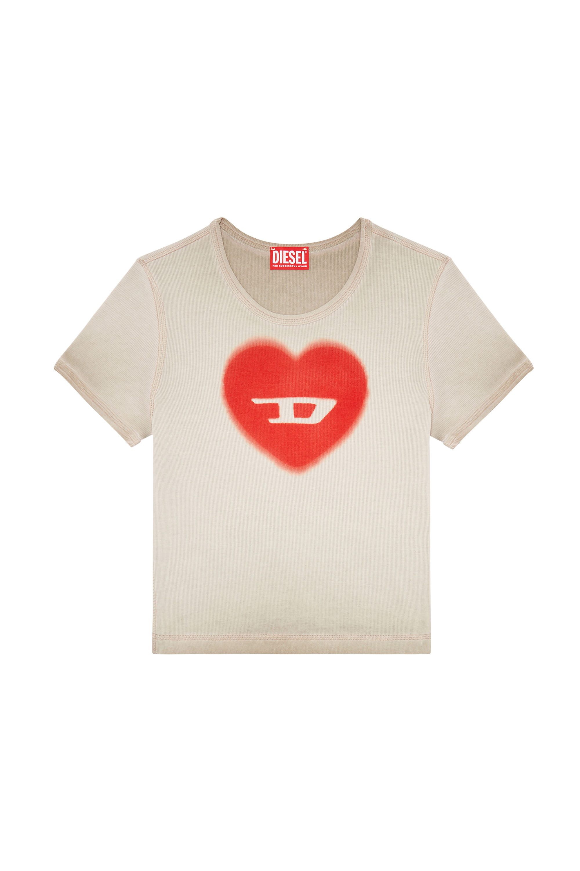 Diesel - T-ELE, T-shirt a costine con cuore D effetto acquerello Donna in Beige - 2