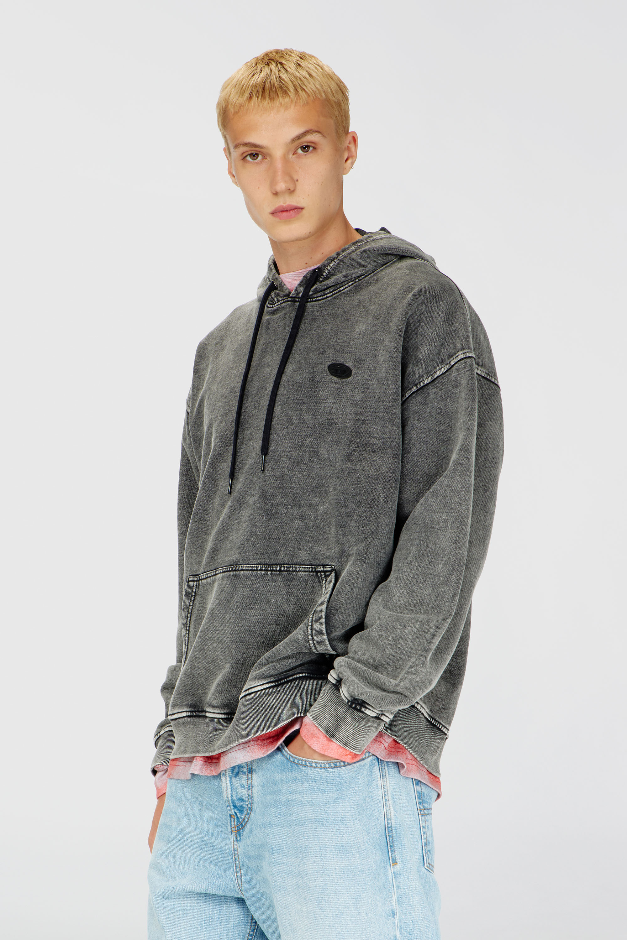 Diesel - S-BOXT-HOOD-DEN, Felpa con cappuccio con toppa posteriore tagliata a vivo Uomo in Grigio - 3