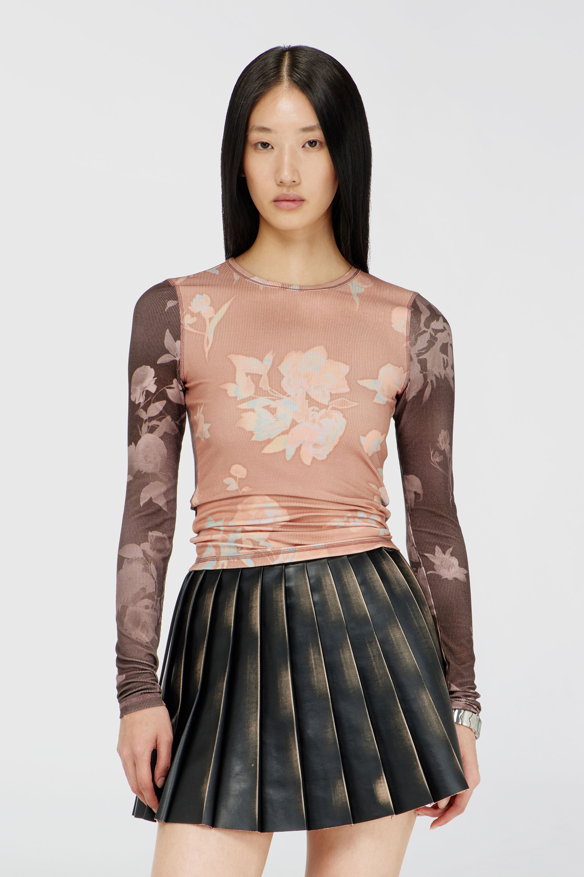 Diesel - T-MOKY-LS, Damen Top aus geripptem Jersey mit Blumenprint in Rosa - 1