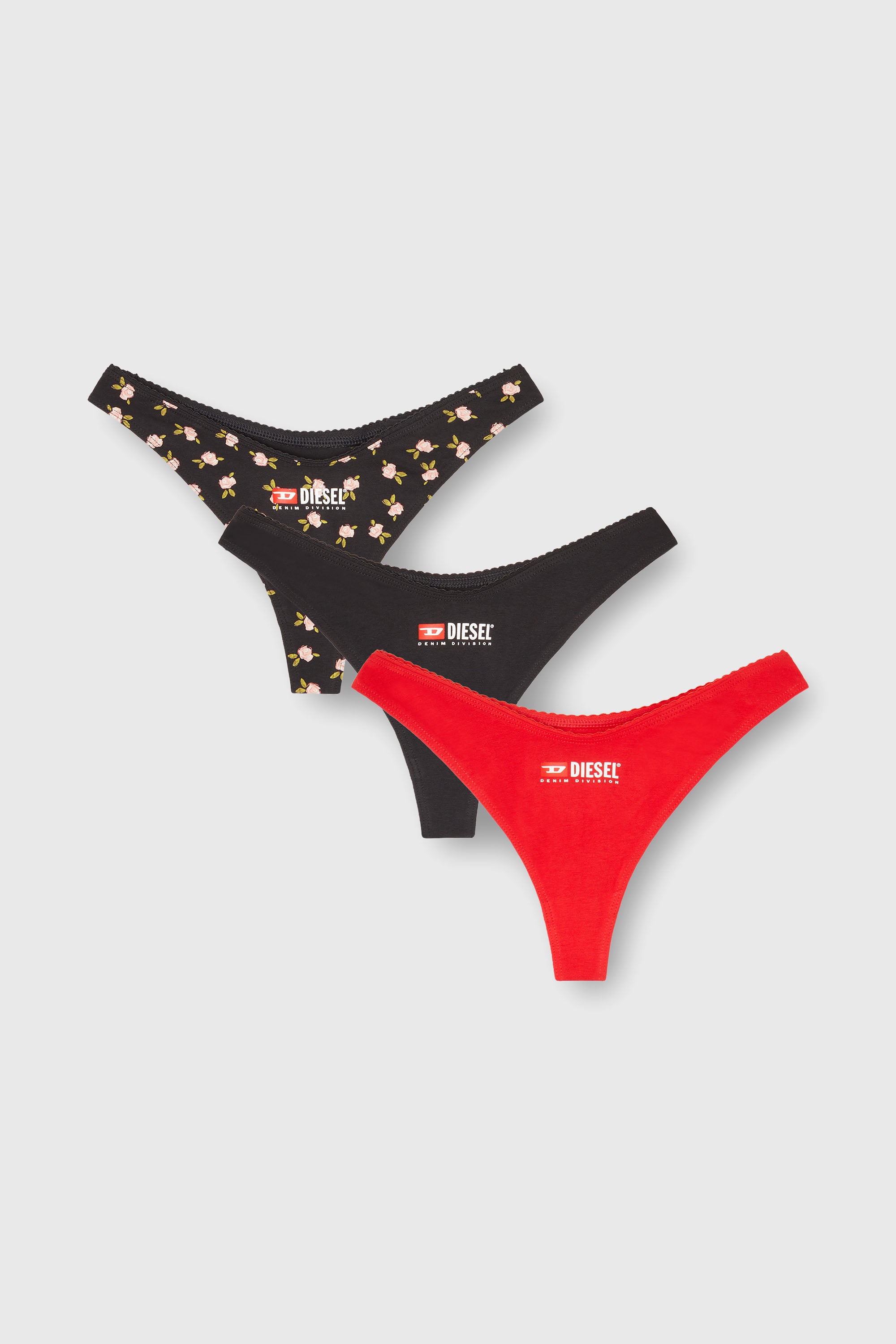 Diesel - PUNCHY-D-CORE-3PACK, Damen 3er-Pack Stretch-Baumwollstrings mit Blumenprint in Schwarz - 1