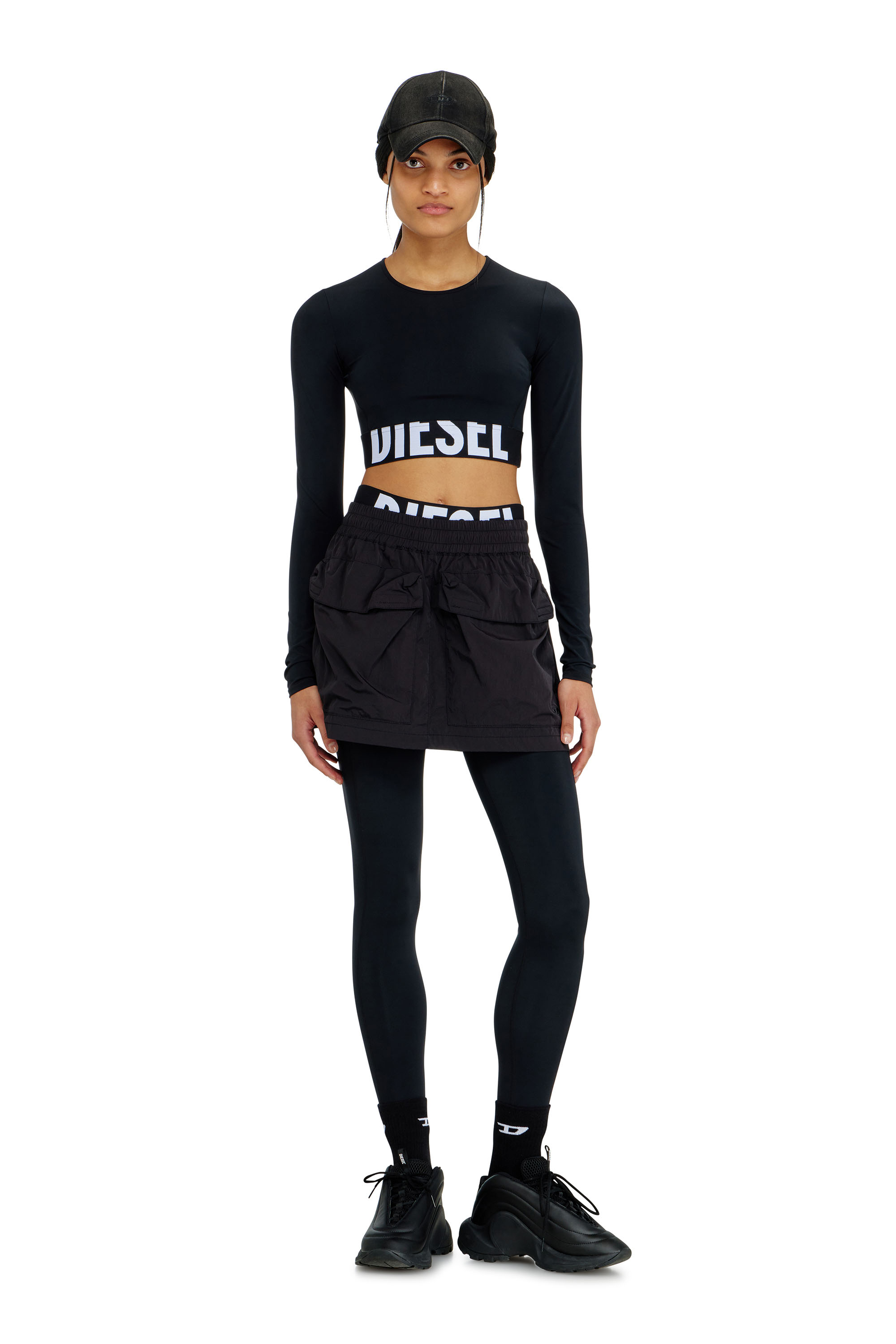 Diesel - ADELINE-D-POP, Leggings in microfibra con logo tagliato Donna in Nero - 3