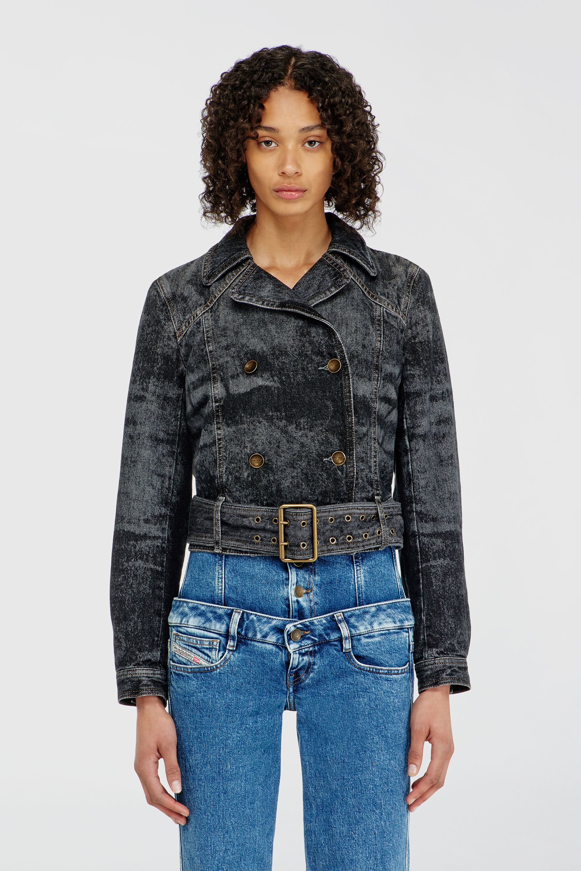 Diesel - DE-LEGEND-S, Veste en denim cropped avec ceinture Femme in Noir - 1