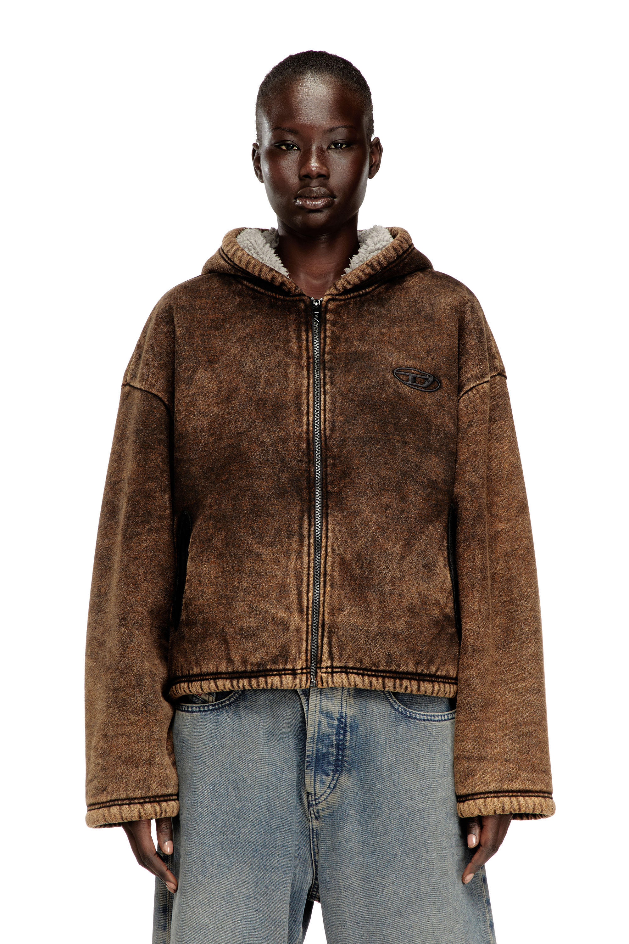 Diesel - F-ELLA, Hoodie zippé délavé à l'acide avec doublure en peluche. Femme in ToBeDefined - 2