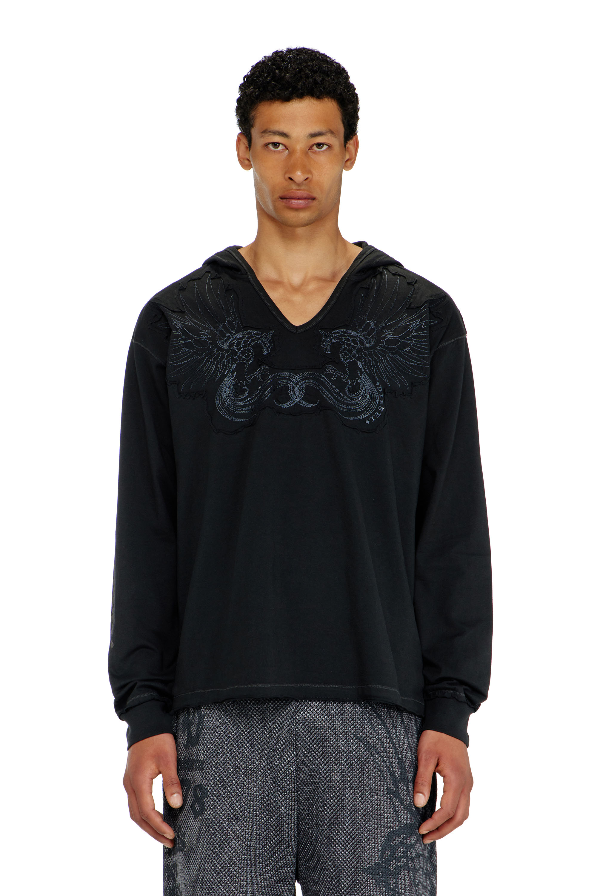 Diesel - T-PHEN-LS-HOOD-RIB, Hoodie con scollo a V e ricamo frontale Uomo in Nero - 1
