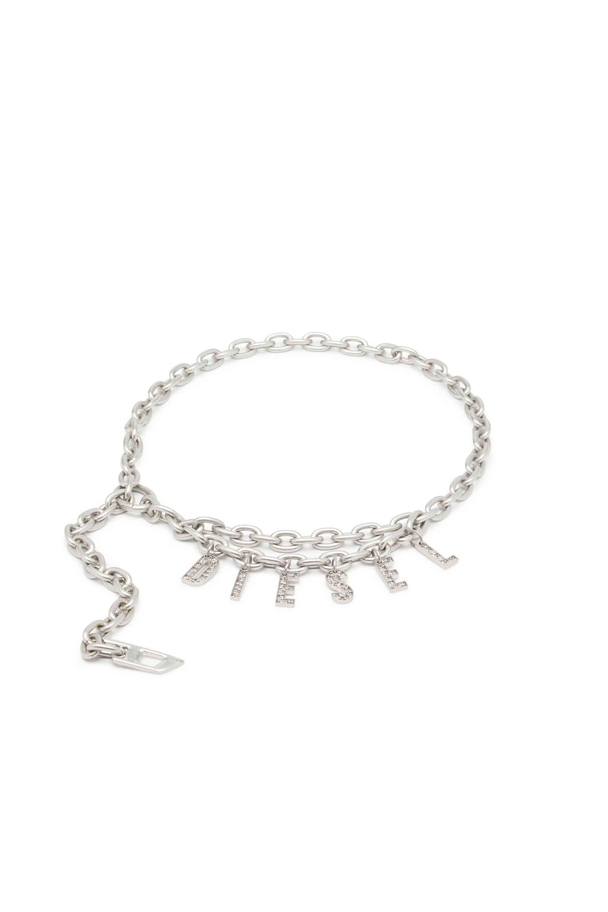 Diesel - B-CHARM CHAIN, Damen 1cm Kettengürtel mit Logo-Anhänger aus Strass in Silber - 1