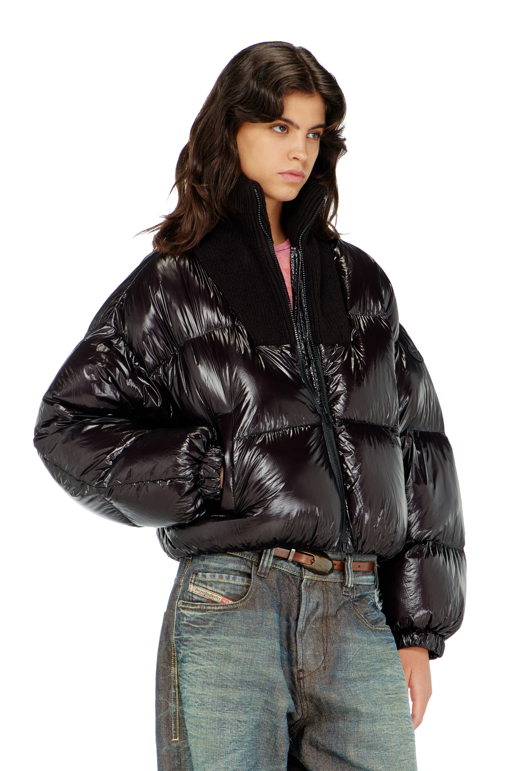 Diesel - W-ARRIOR, Piumino down in ripstop con collo a maglia Donna in Nero - 3