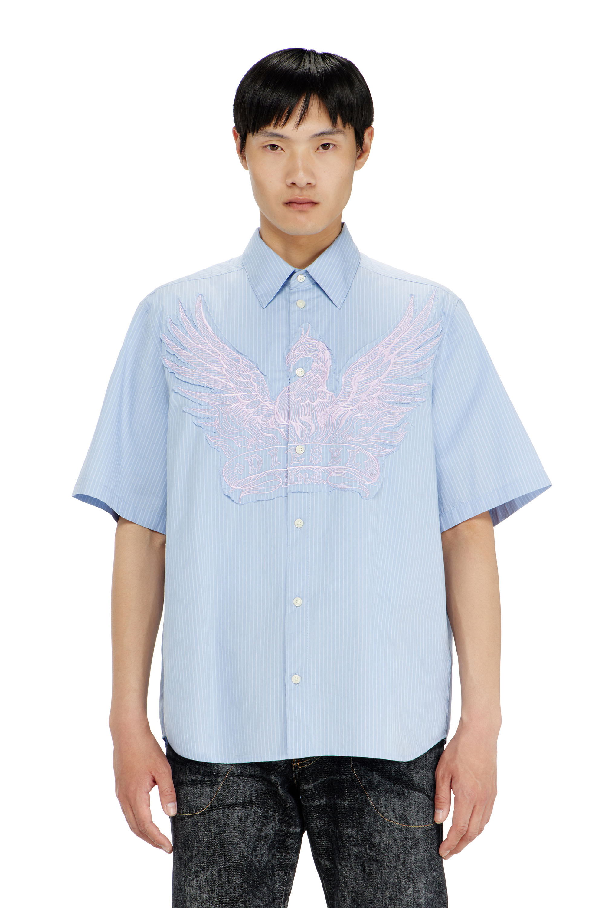 Diesel - S-SIMPLY-SS-AGCZ, Camicia in popeline a righe con patch ricamato Uomo in Blu - 1