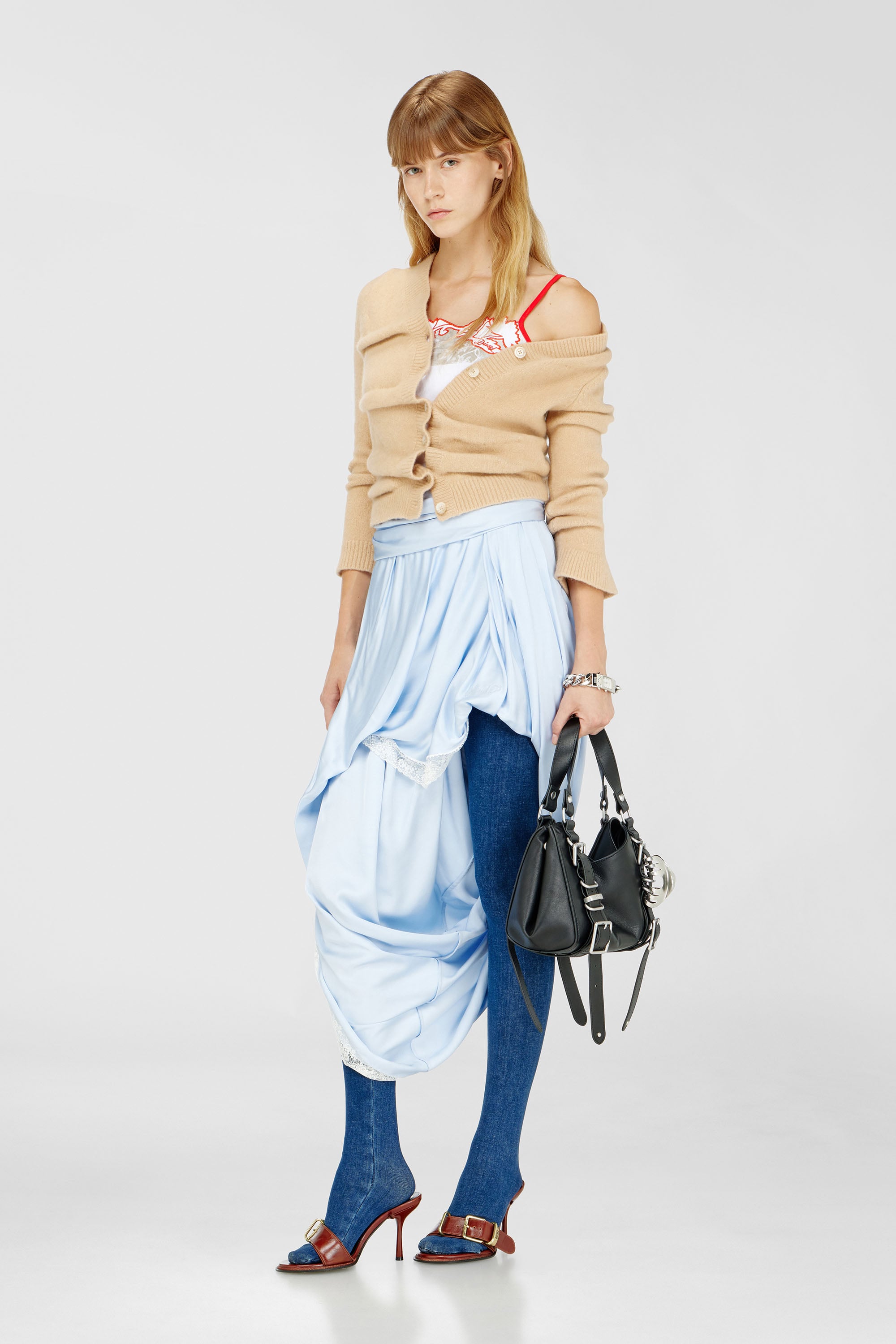 Diesel - O-WANDA, Jupe midi en satin drap&eacute;e avec finition dentelle Femme in Bleu - 1