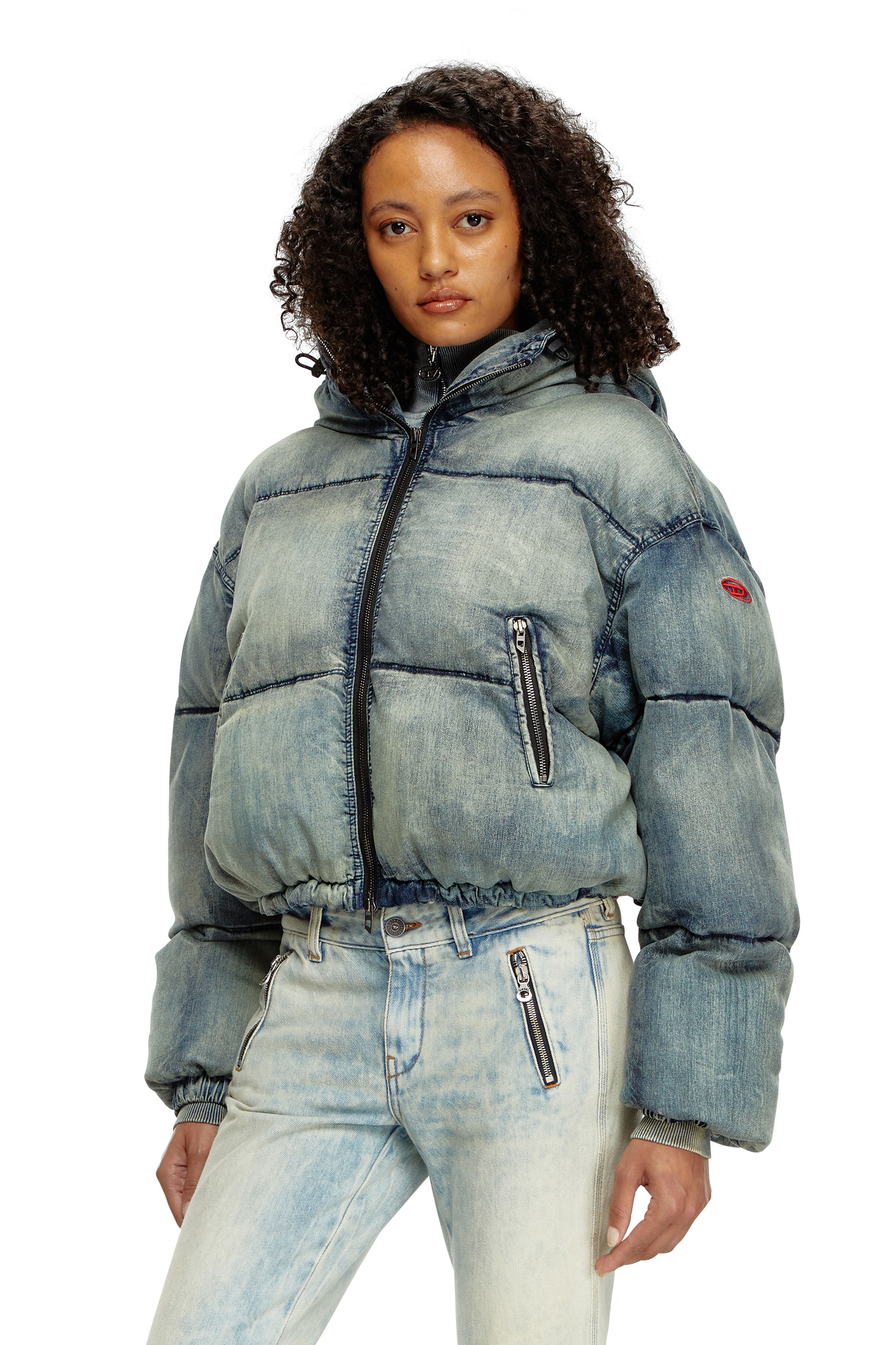 Diesel - W-AVES, Doudoune crop à capuche en denim Femme in Bleu - 1