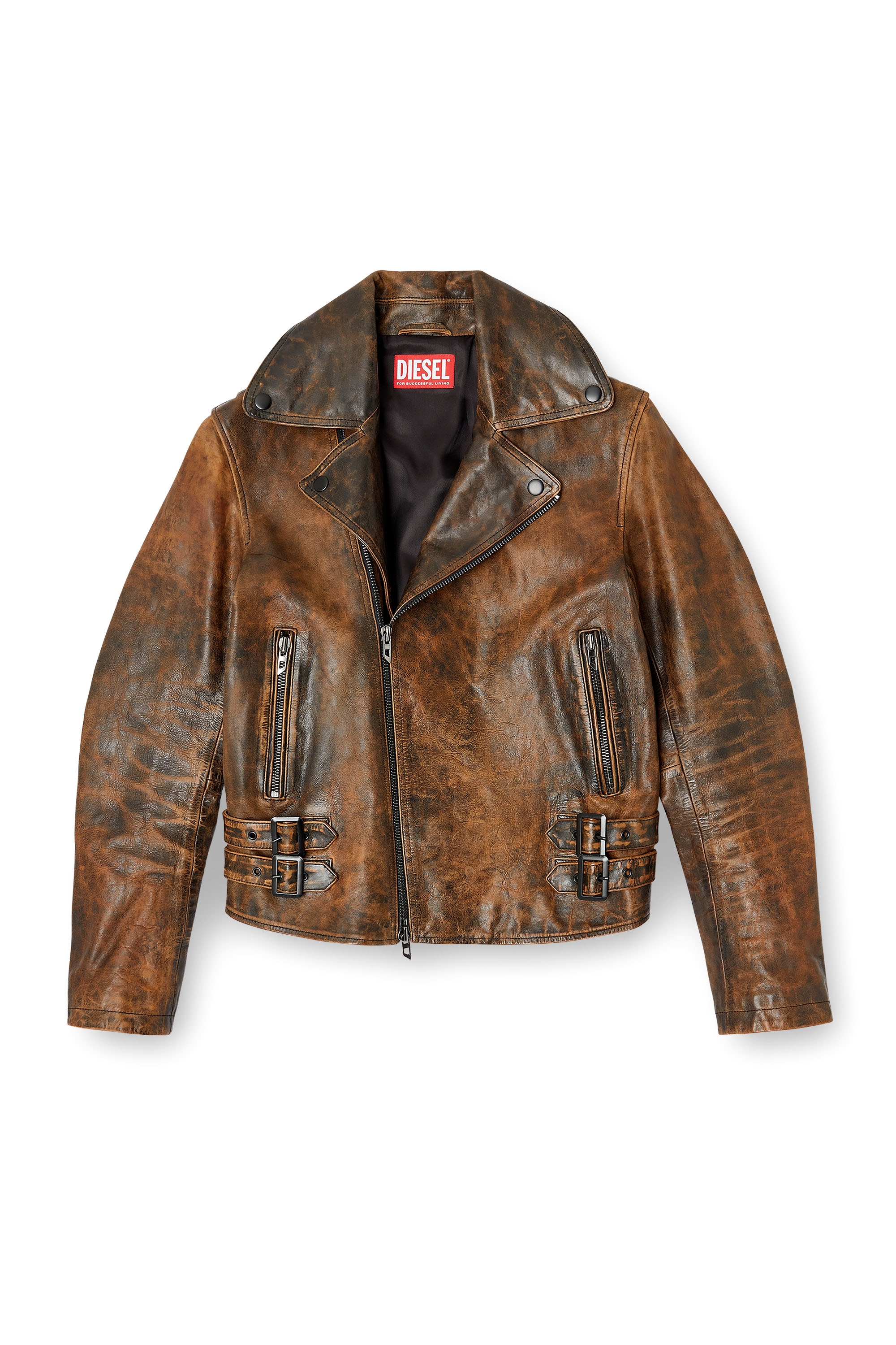 Diesel - L-EON, Blouson de motard en cuir traité Homme in Marron - 2