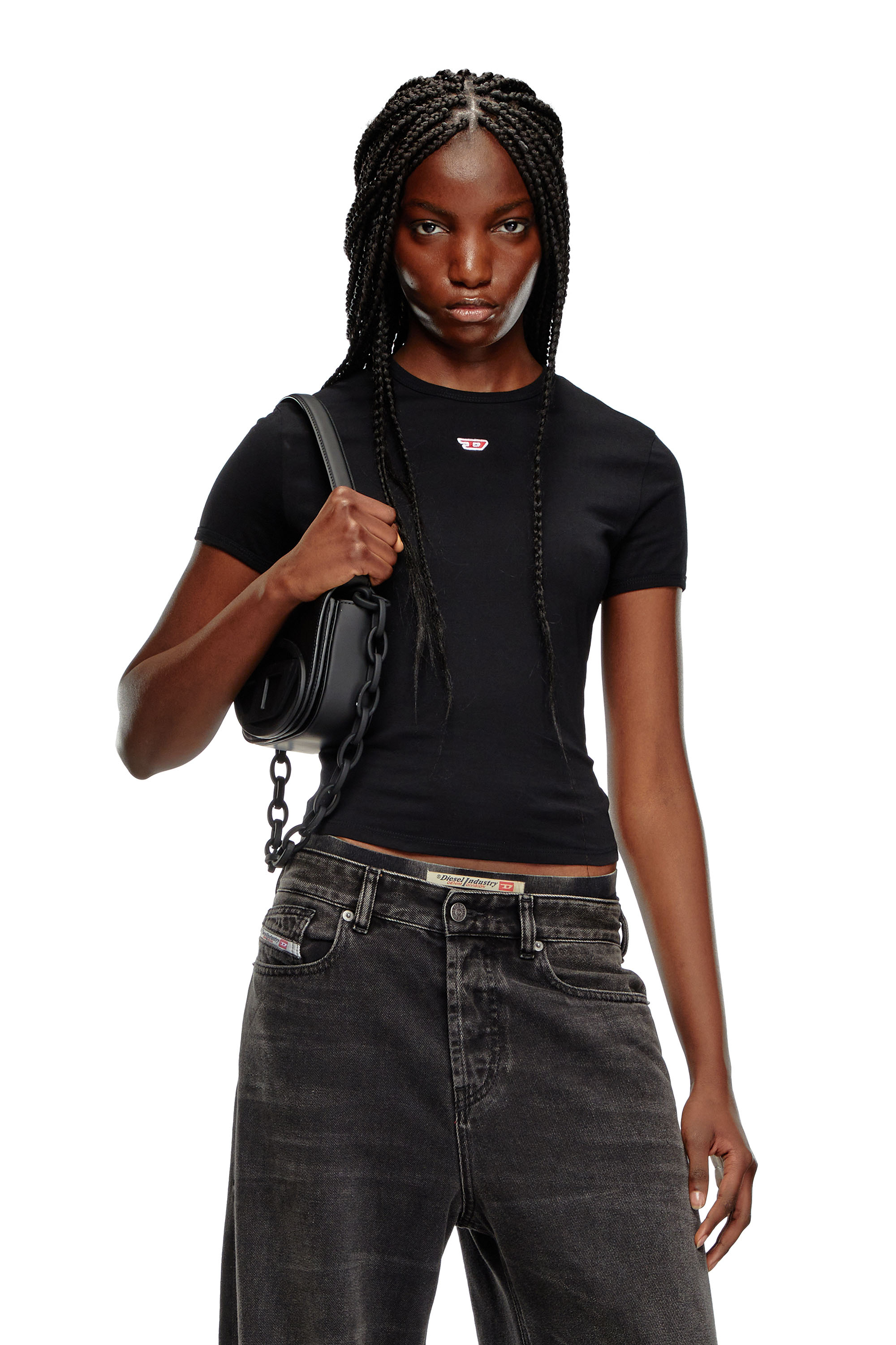 Diesel - T-UNCUTIE-LONG-D, Femme T-shirt avec empiècement D brodé in Noir - Image 1