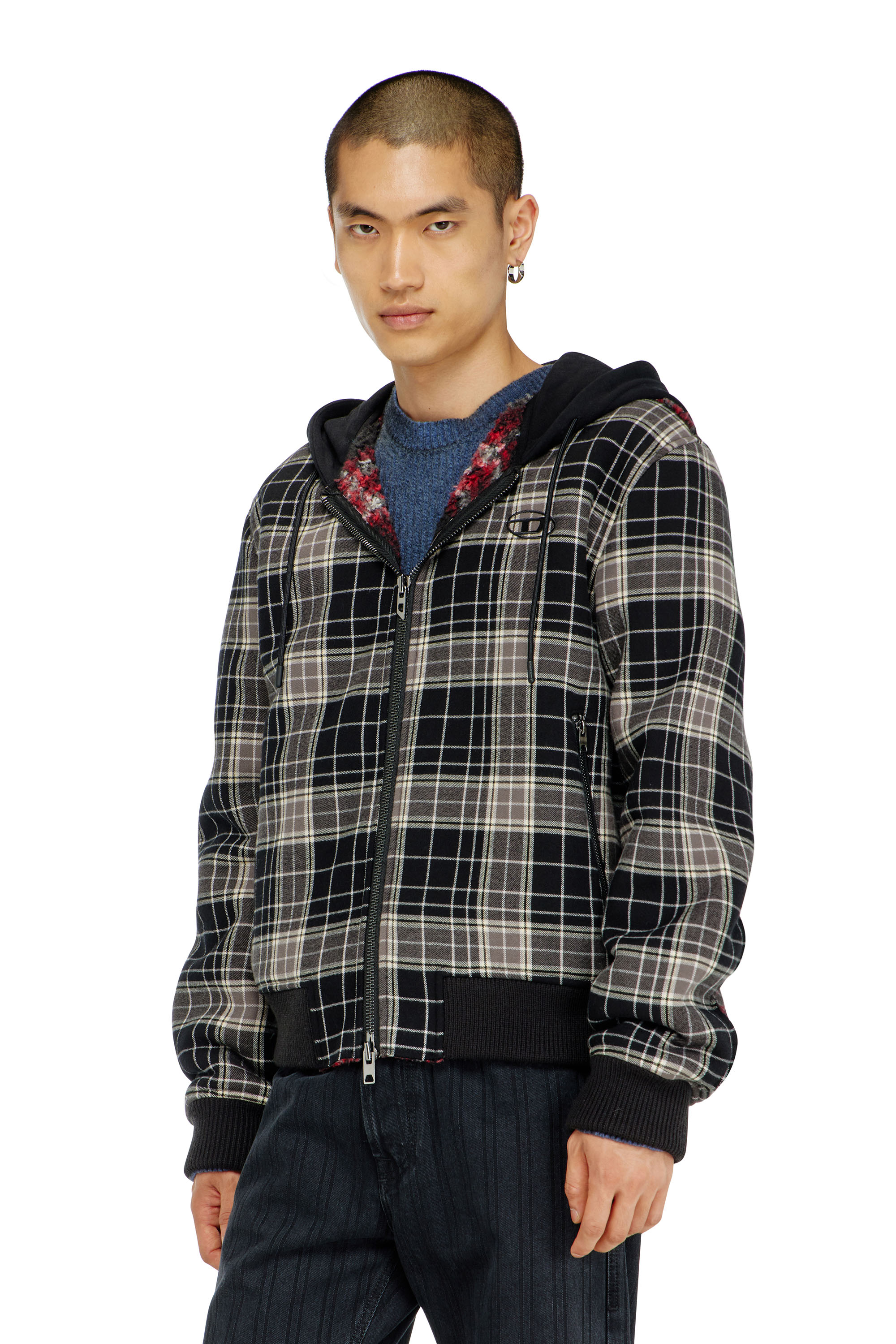 Diesel - W-KUNST, Herren Karo - Karo-bomberjacke mit flanellmuster und teddyfutter in Grau/Schwarz - 1