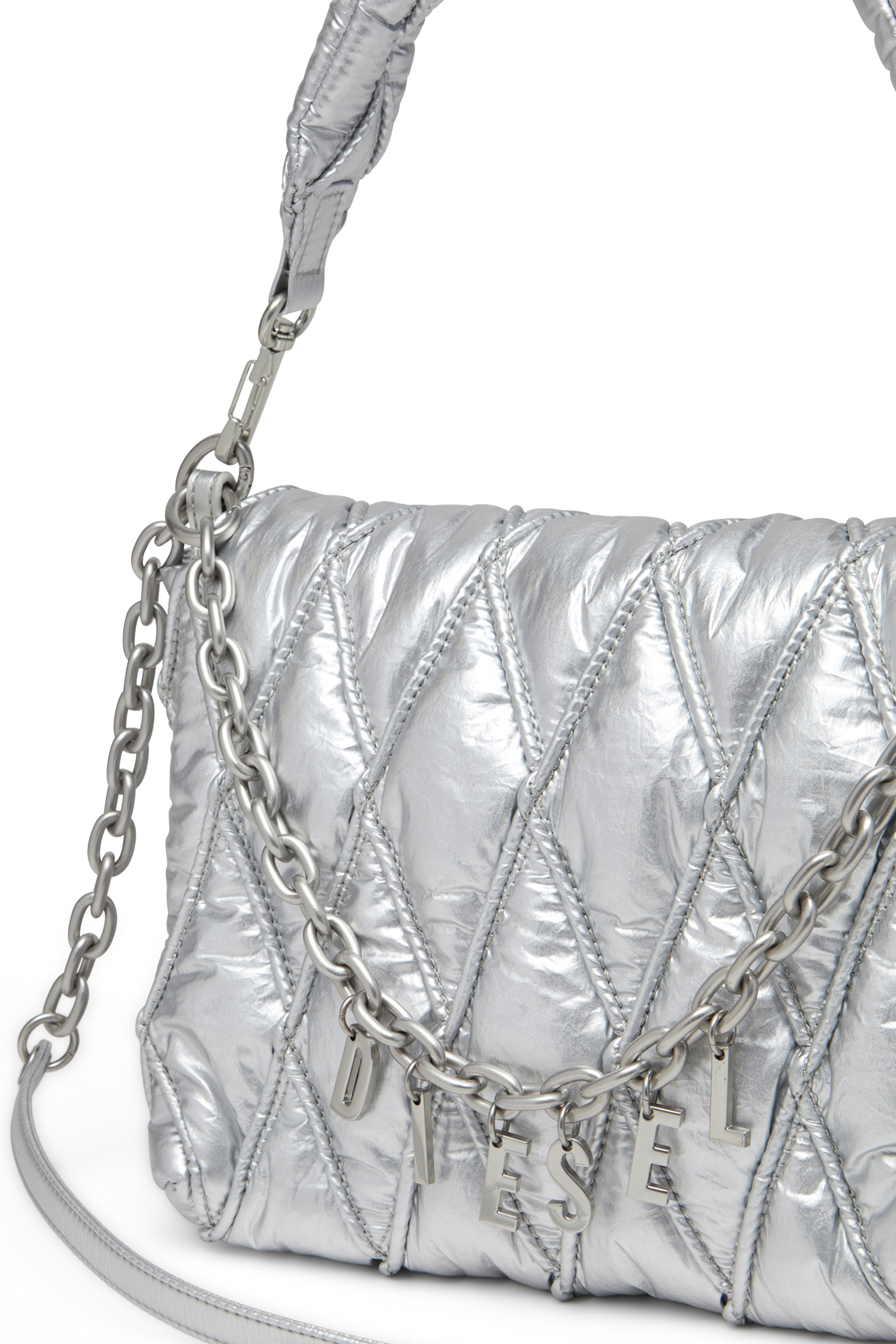 Diesel - CHARM-D SHOULDER M, Woman's Charm-D M-Shoulder bag in quilted metallic nylon in Silver - 6