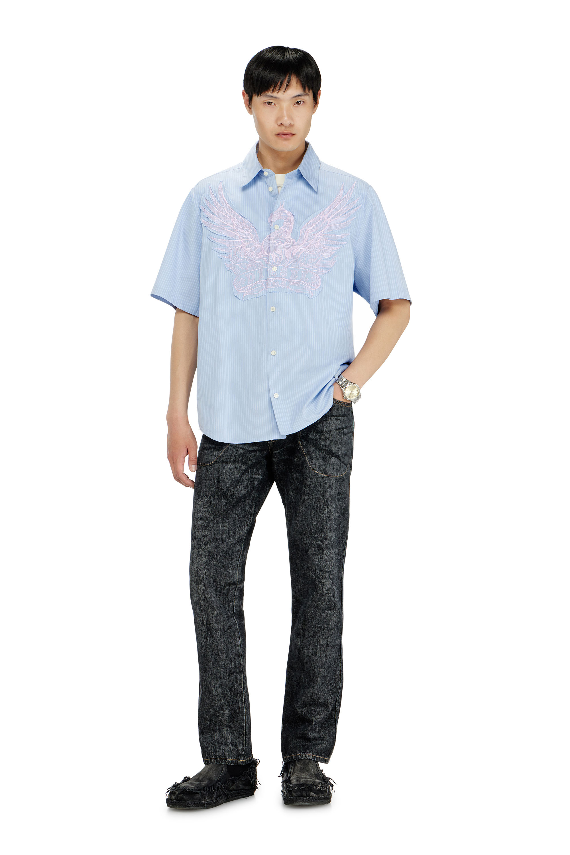 Diesel - S-SIMPLY-SS-AGCZ, Camicia in popeline a righe con patch ricamato Uomo in Blu - 2
